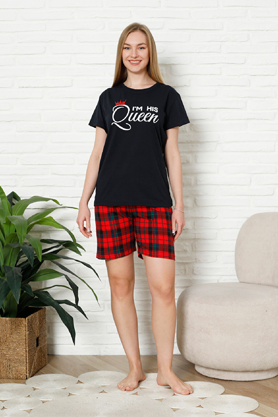 Kadın Pijama Takımı - Ekose Altlı (Diz Üstü) - 12426