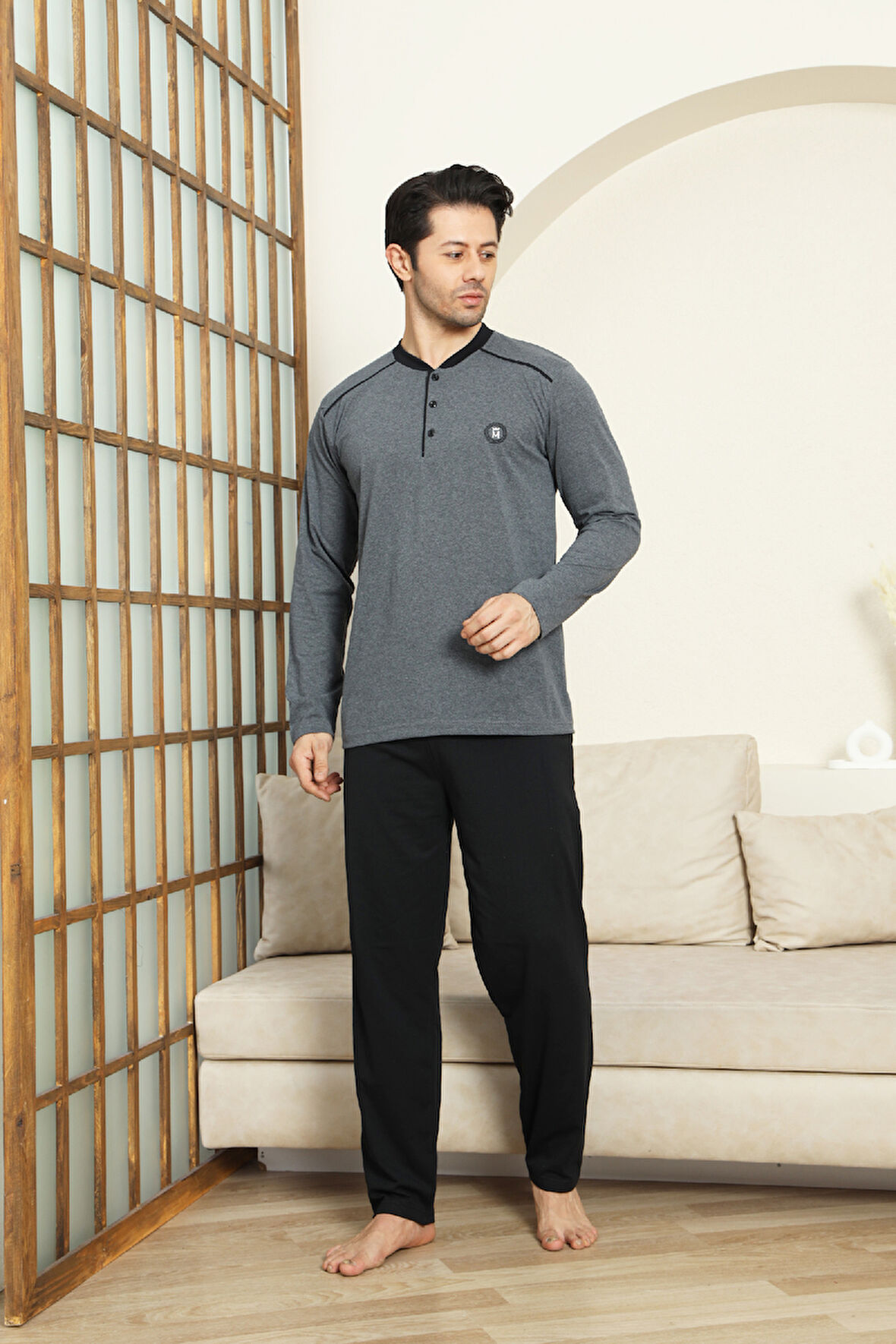 Erkek %100 Pamuklu Pijama Takımı-3 Düğmeli-12440