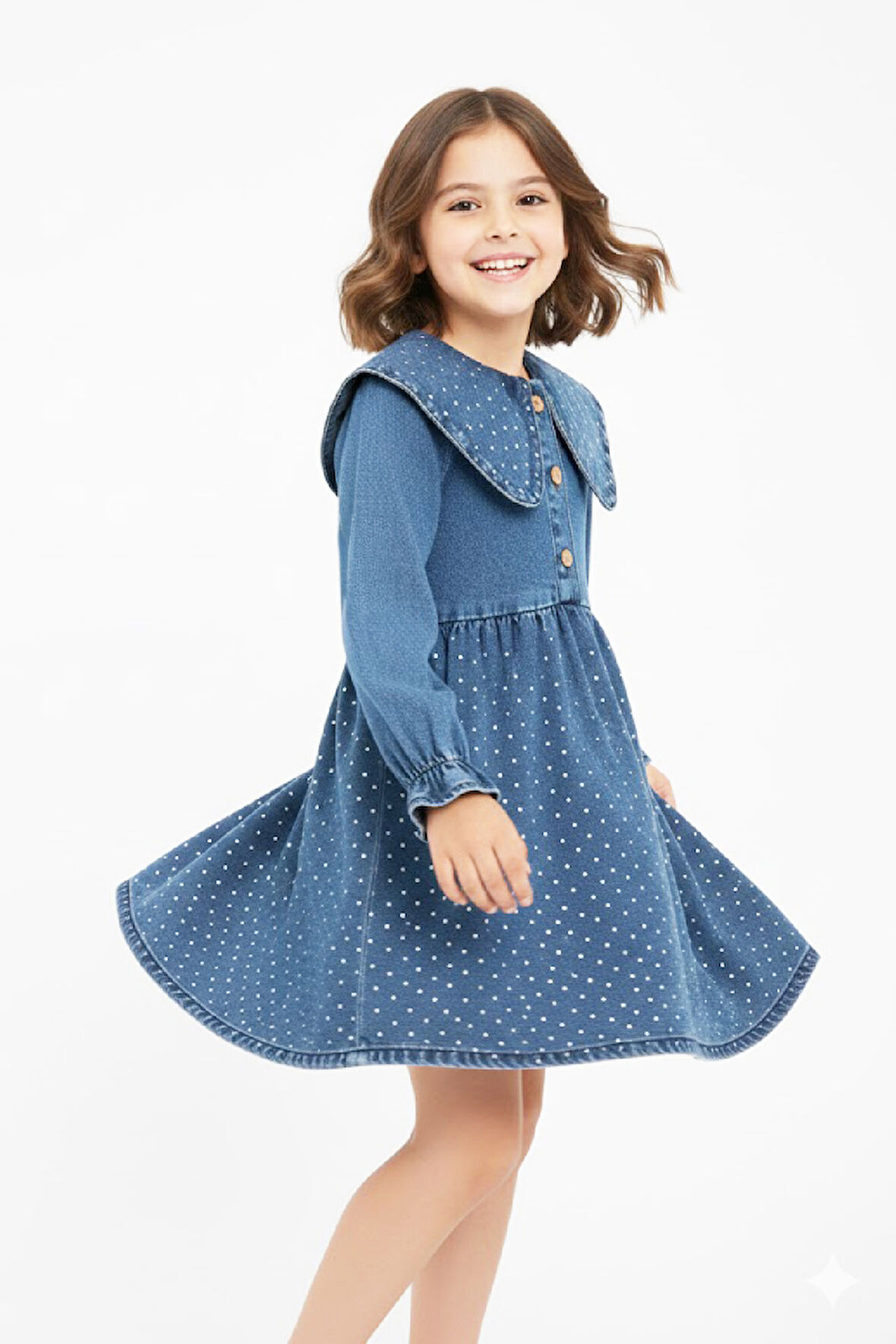 Kız Çocuk Taş Süslemeli ve 3 Düğme Kapatmalı Jean Elbise 12444