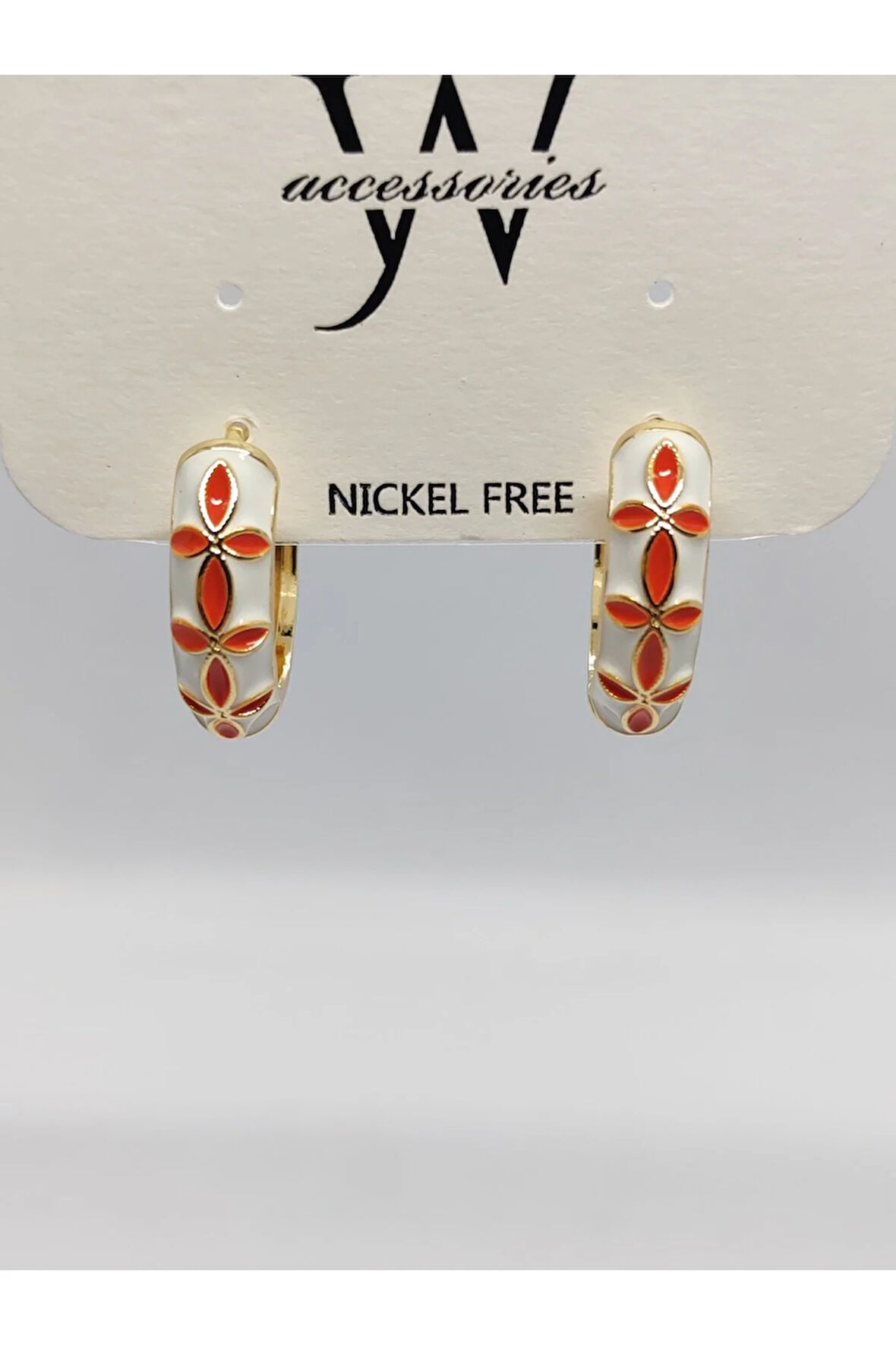 Çelik Halka Beyaz Turuncu Desenli Küpe