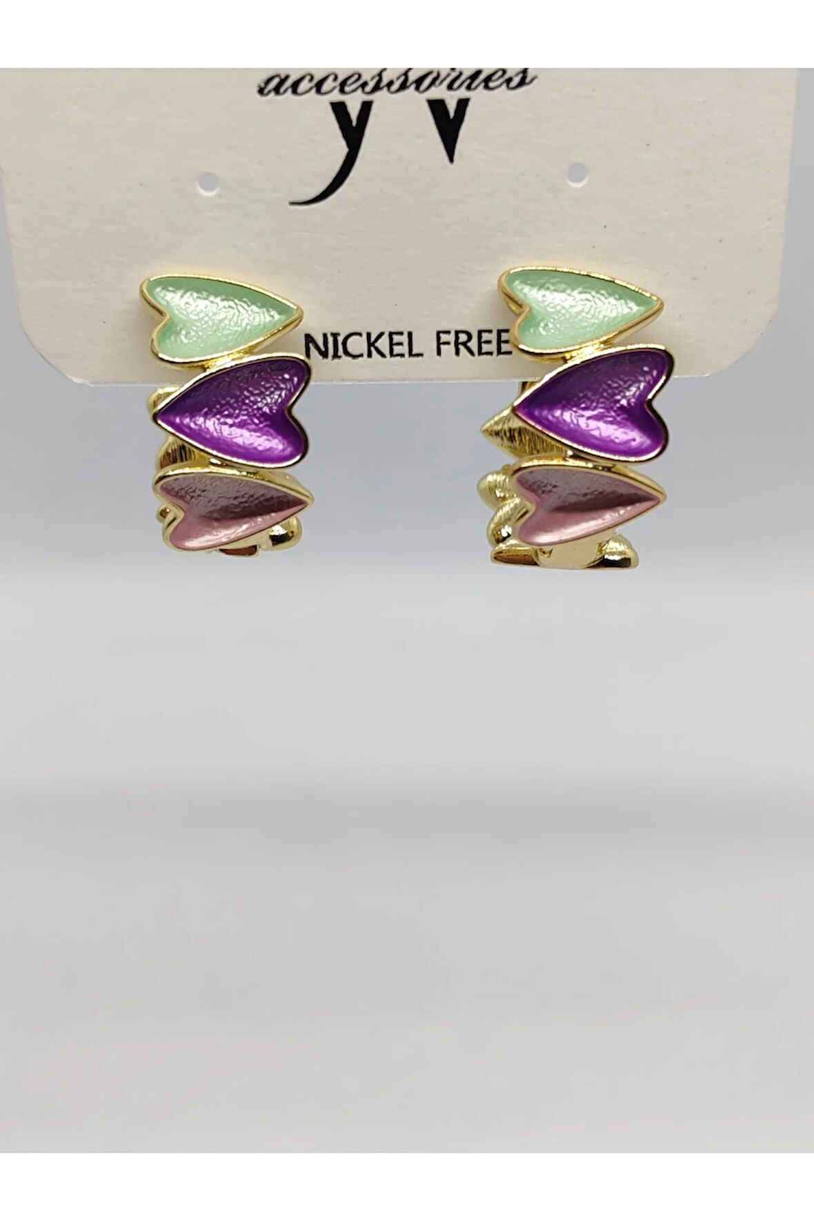 Çelik Halka Kalpli Küpe Yeşil Mor Pembe