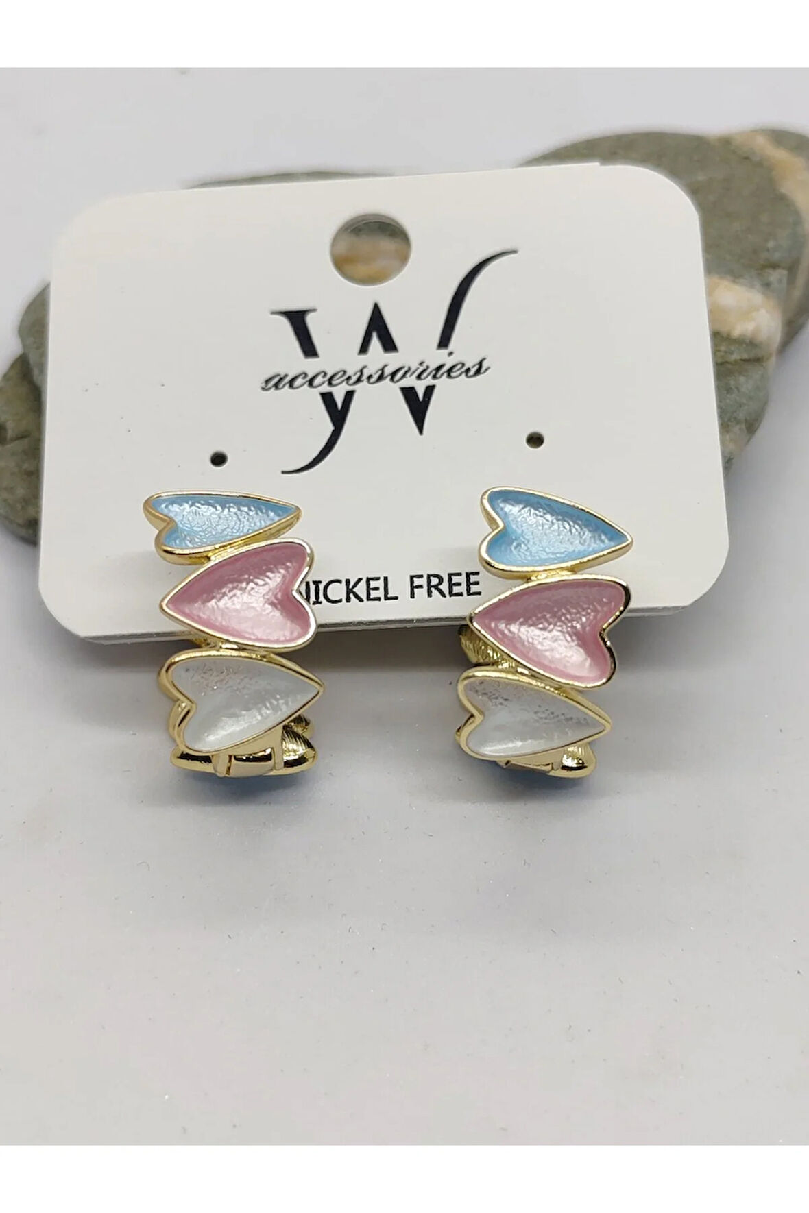 Çelik Halka Kalpli Küpe Mavi Pembe Beyaz