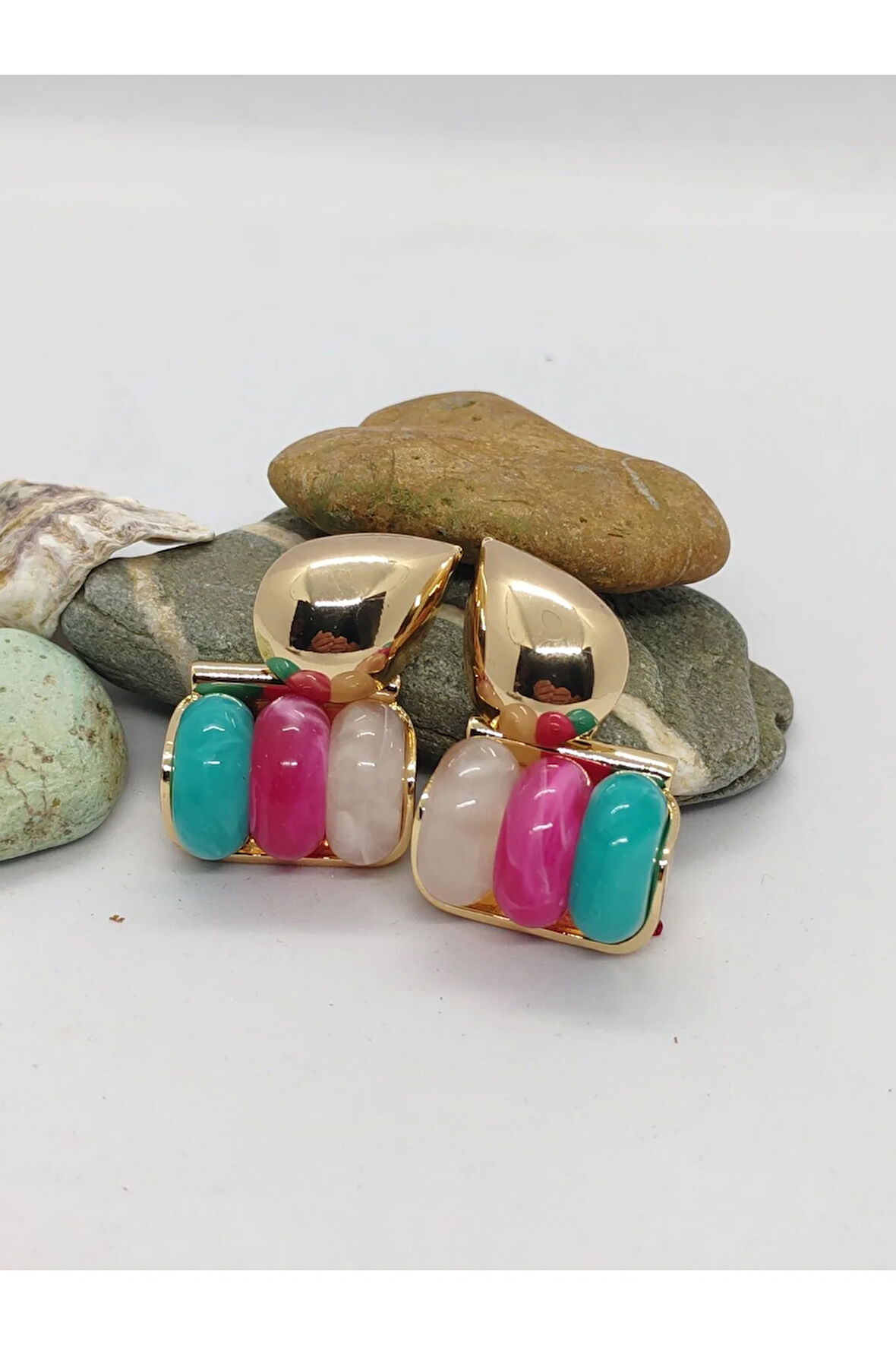 Çelik Sallantılı 3 Renk Küpe Yeşil Pembe Beyaz