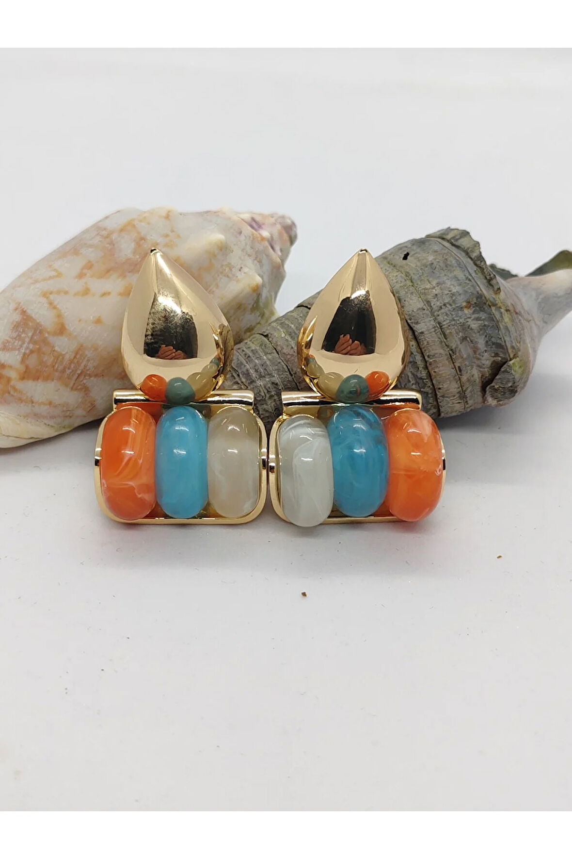 Çelik Sallantılı 3 Renk Küpe Turuncu Mavi Beyaz