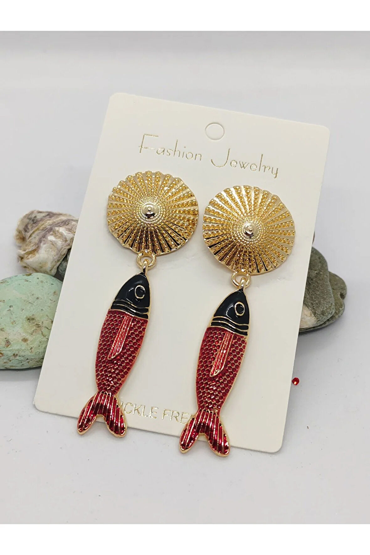 Çelik Sallantılı Kırmızı Balık Figürlü Gold Küpe