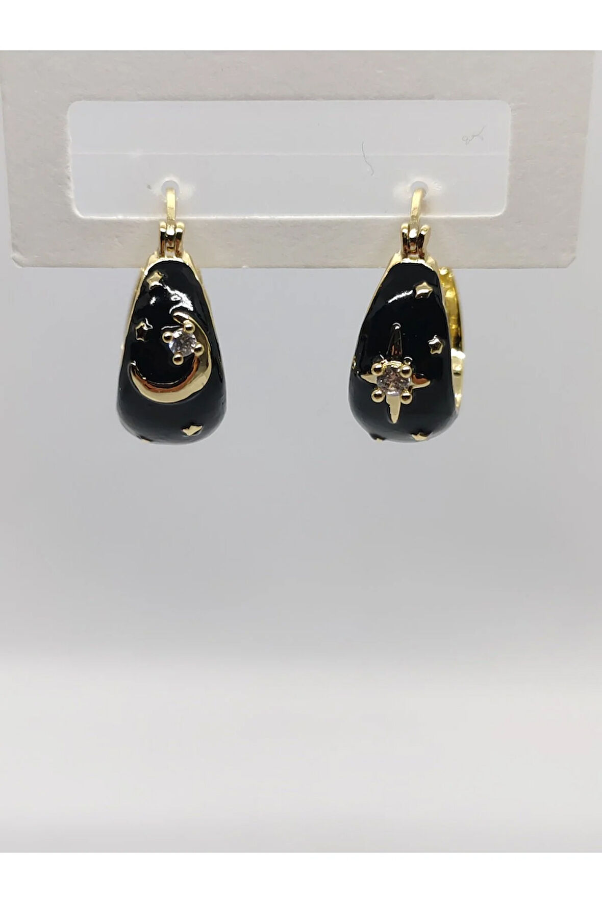 Çelik Sallantılı Halka Ay Yıldızlı Siyah Küpe