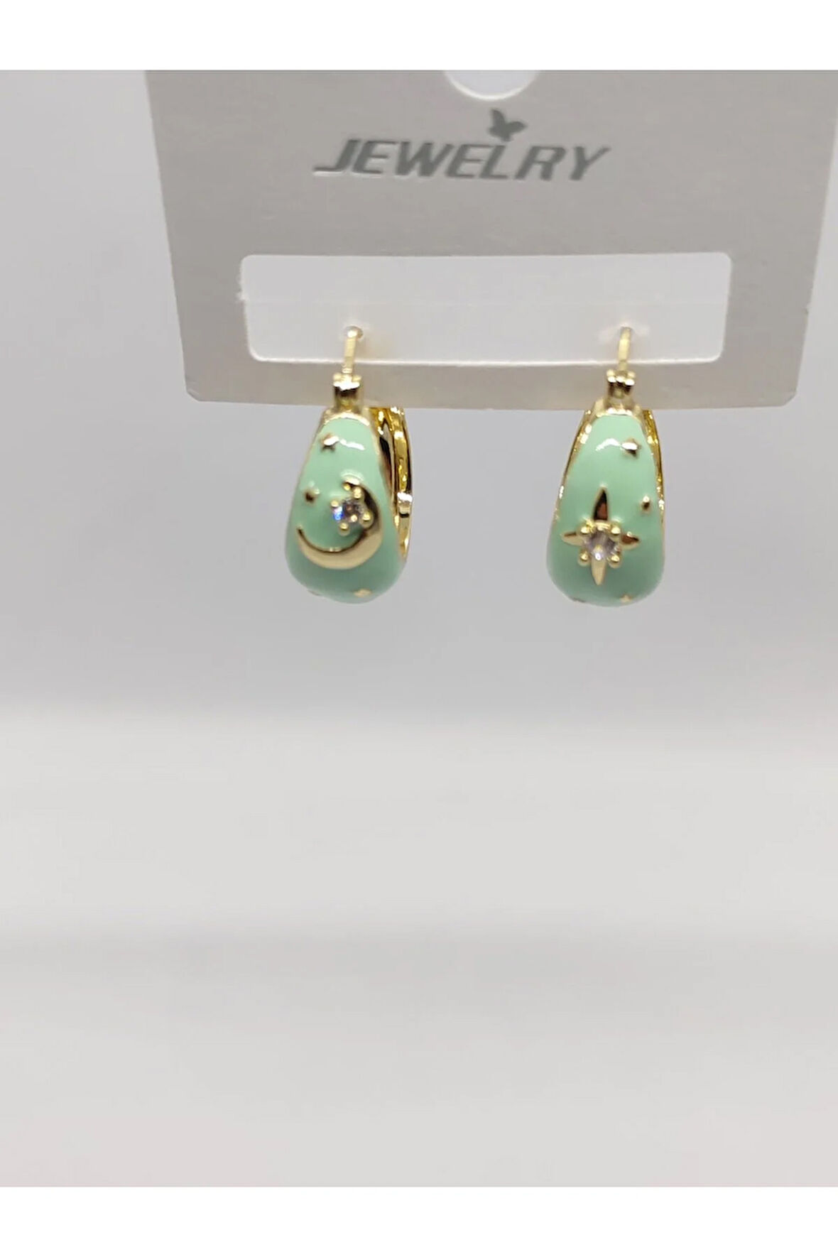 Çelik Sallantılı Halka Ay Yıldızlı Yeşil Küpe