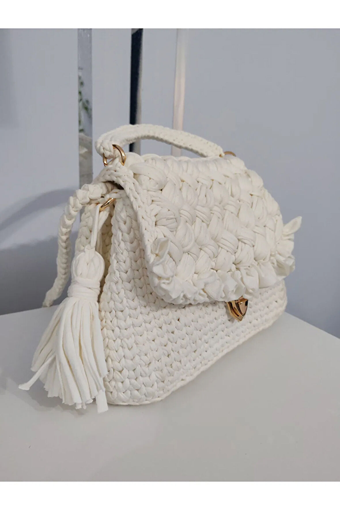 El Yapımı Orta Boy Ekru Renk El ve Sırt Çantası