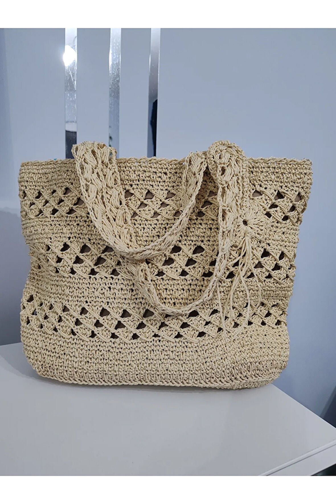 El Yapımı Büyük Boy Bej Renk El ve Kol Çantası