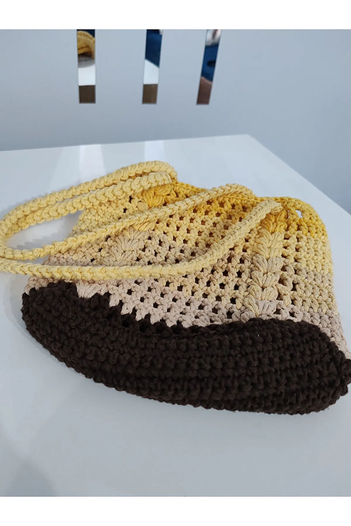 El yapımı Örgü Sarı Kahve renkli Küçük El Çantası
