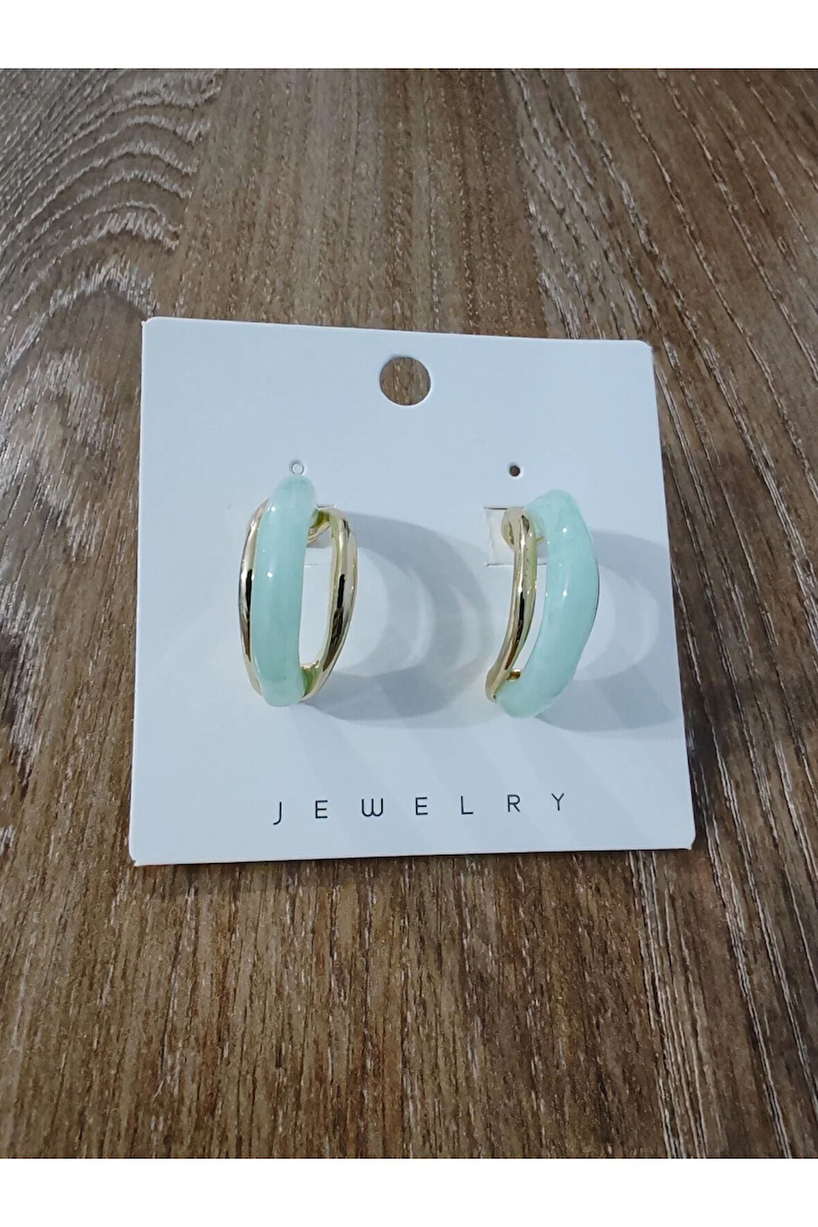 Çelik Ay Şekilli Doğal Taşlı Yeşil Küpe