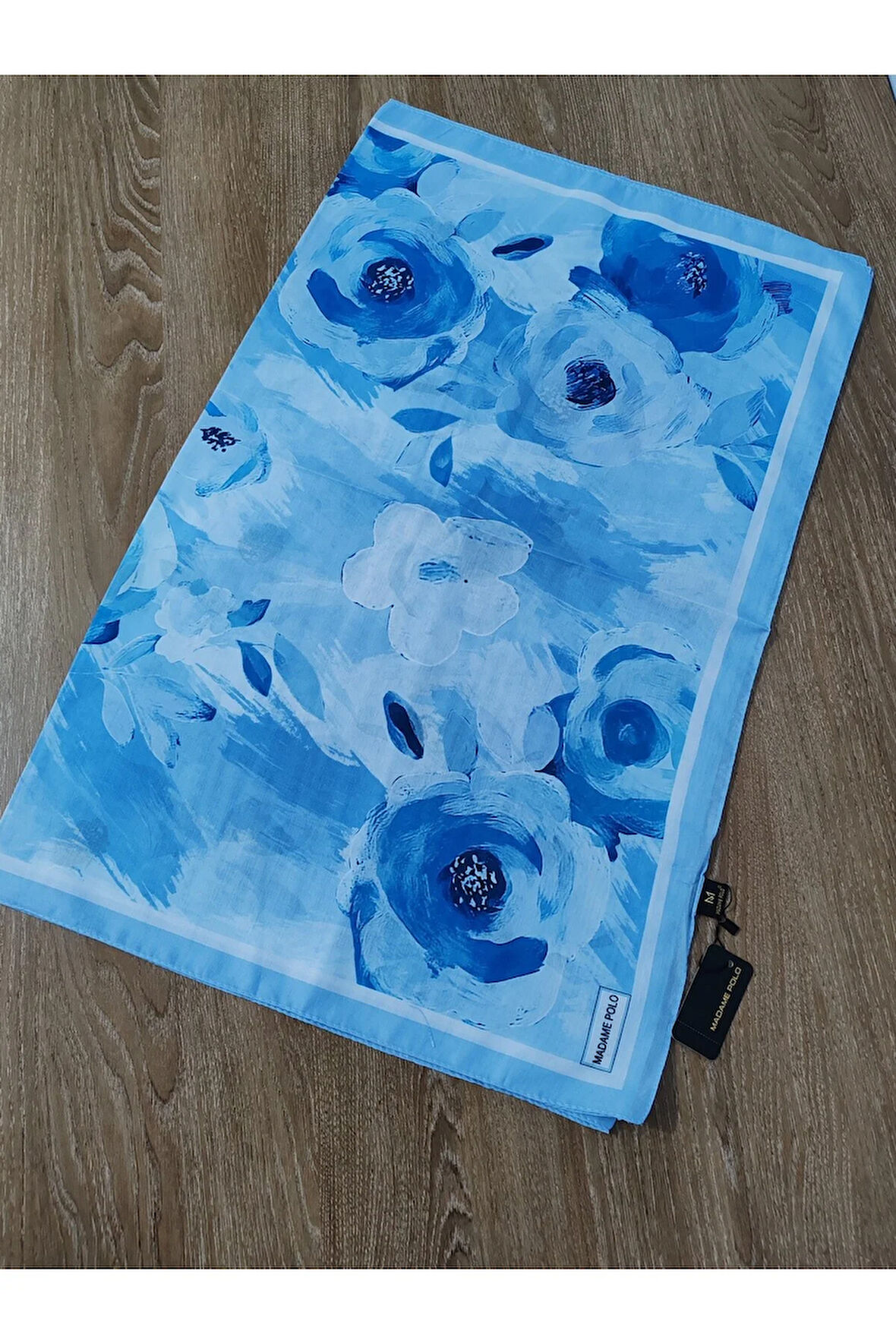 Madame Polo Büyük Çiçek Desenli Şal Mavi