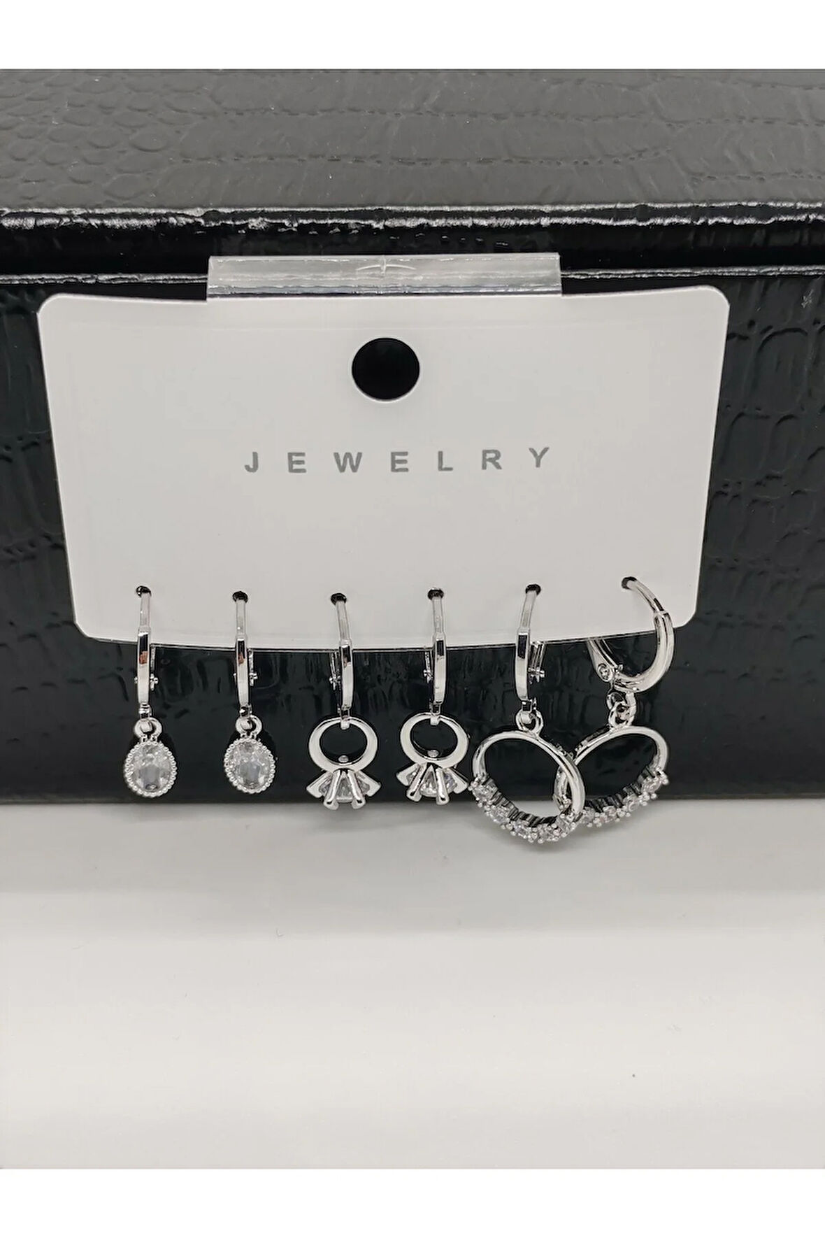 6lı Çelik Küpe Yuvarlak Taşlı Silver