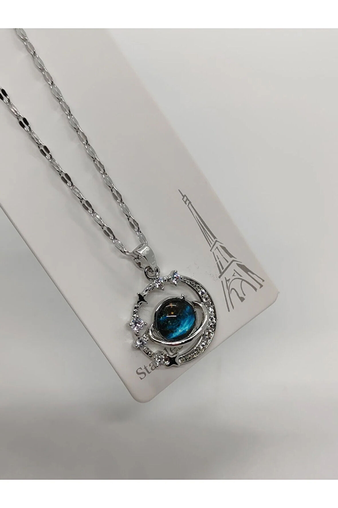 Galaxy Figürlü Taşlı Gümüş Renk Çelik Kolye