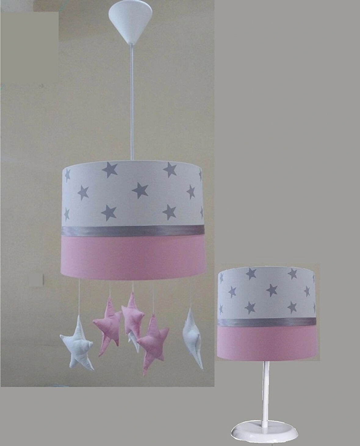 Beyaz Yıldızlı Pembe Sarkıtlı Kumaş Kaplama 2,li Set Çocuk Odası Genç Ve Bebek Odası Avize Ve Abajur Seti Aydınlatma
