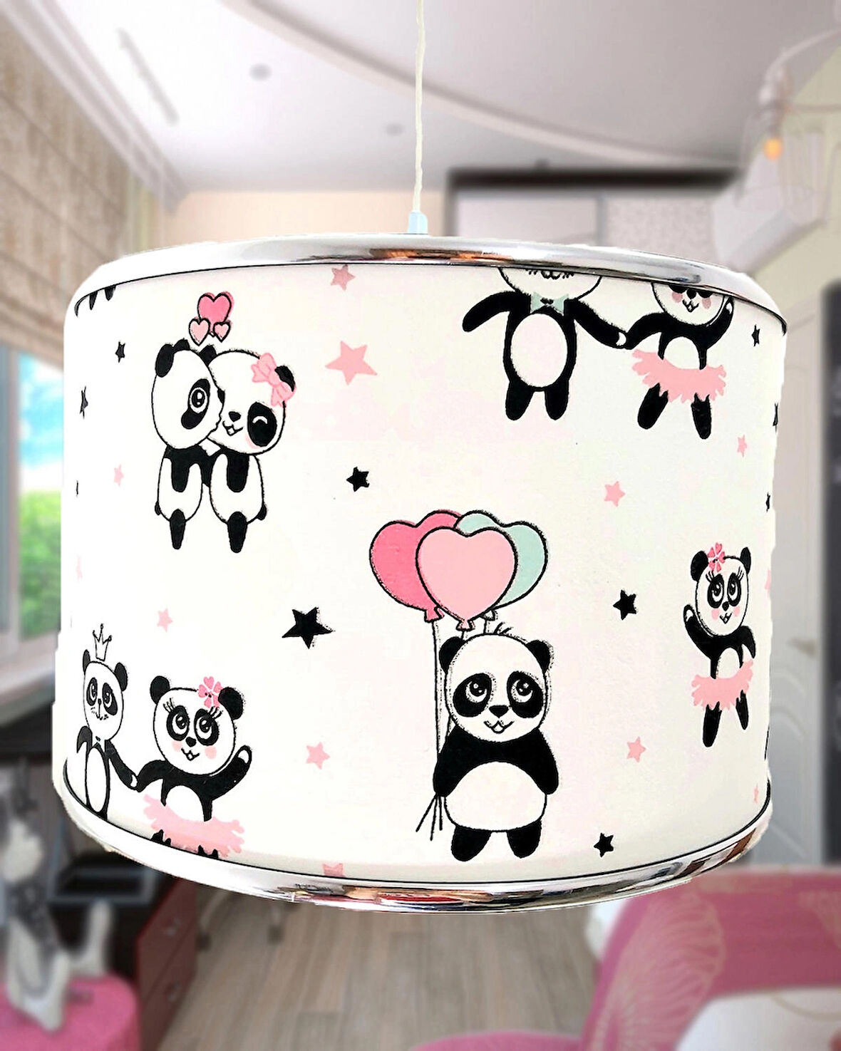 Panda Kumaş Kaplama Çocuk Odası Genç Ve Bebek Odası Avize Aydınlatma Sarkıt