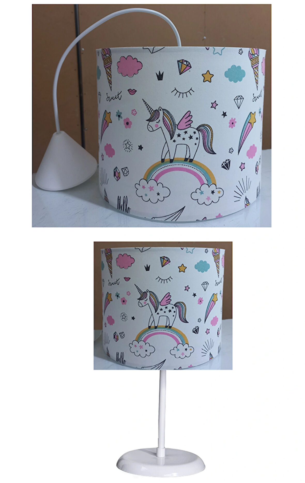 Unicorn Kumaş Kaplama 2,li Set Çocuk Odası Genç Ve Bebek Odası Avize Ve Abajur Seti Aydınlatma