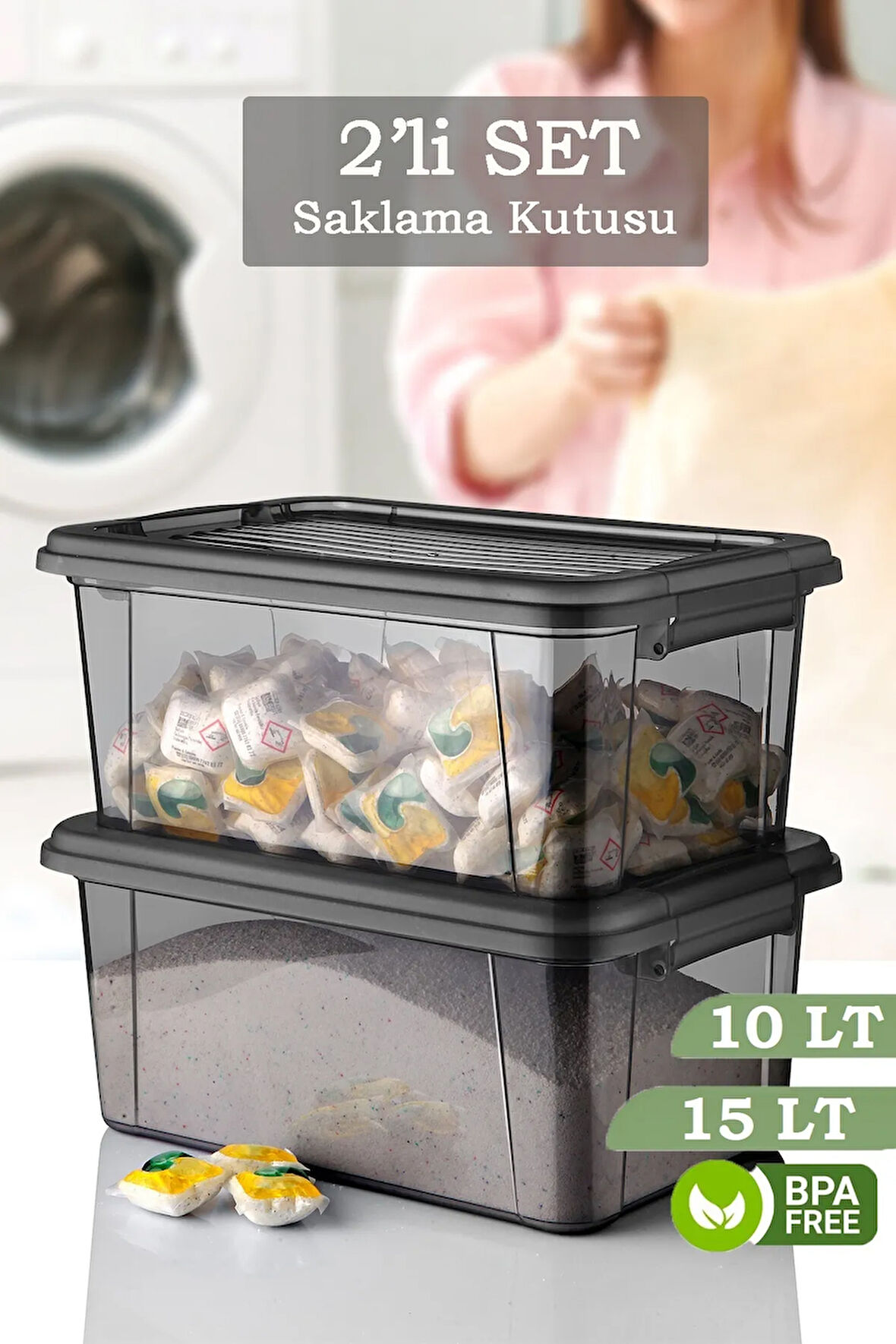 2'li Set Vera Deterjanlık Kilit Kapaklı Saklama Kutusu Banyo Düzenleyici - Un Bakliyat Kabı 10-15 Lt