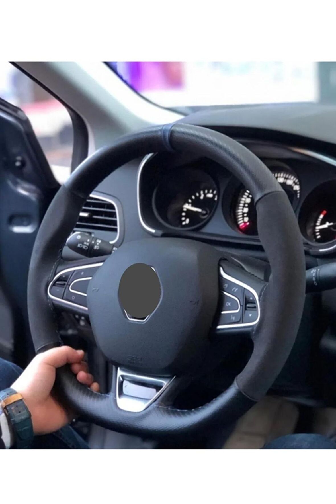 Renault Megane 3 Uyumlu Mavi Yüzüklü Alcantra Dikmeli Direksiyon Kılıfı