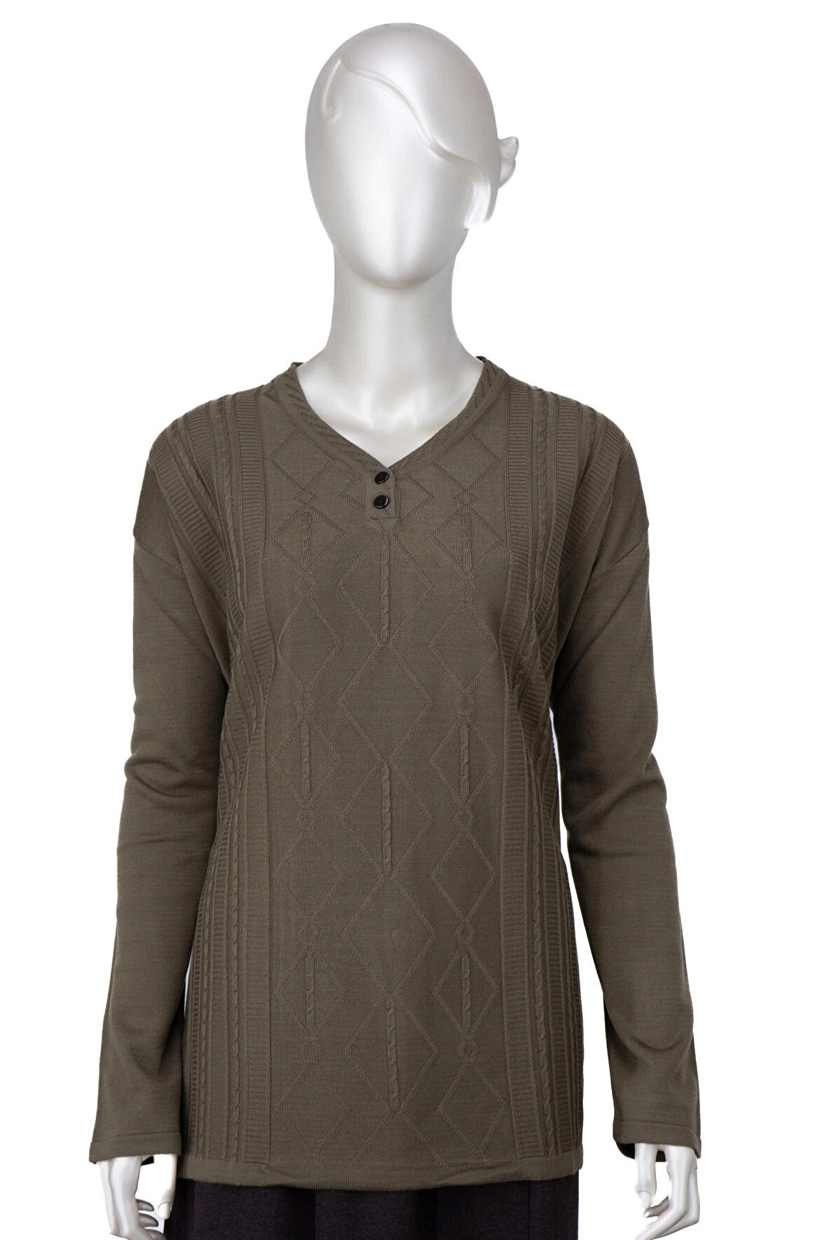 Oppland Kadın Kışlık Yünlü Örme Triko Anne Kazak Elmas Desenli iki Düğmeli V Yakalı Likralı Rahat Kesim Tam Kalıp