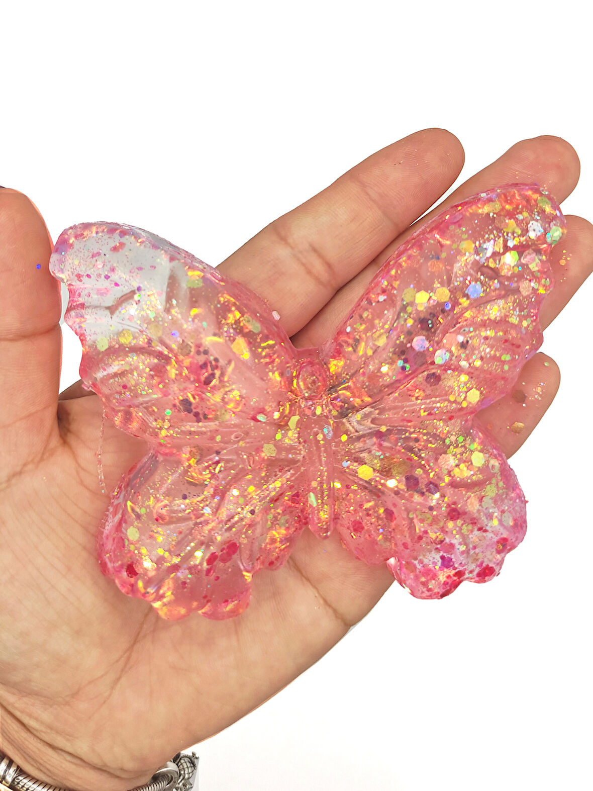 Kelebek Şeffaf Glitter Simli Moj Moj Taba Squishy Sıkma 10x8 cm Simli Sukuşi - Pembe