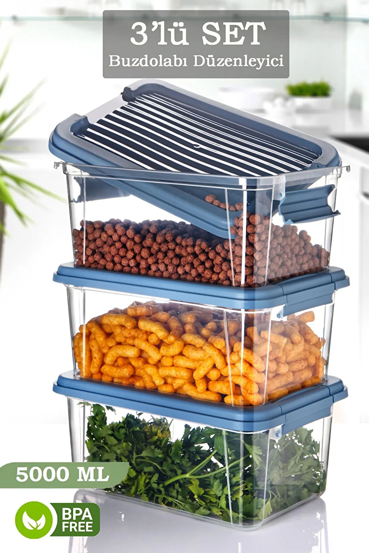 3'lü 5 Lt Kilit Kapaklı Erzak Saklama Kabı - Çok Amaçlı Düzenleyici Kutu Gıda Bakliyat Kabı Mavi
