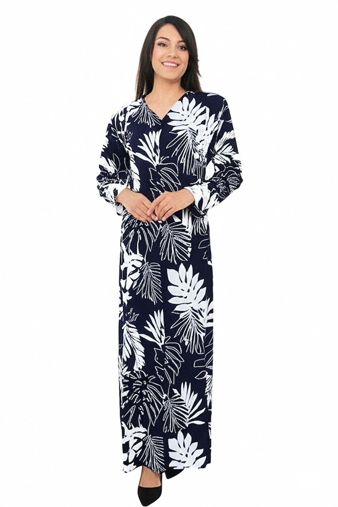 Oppland Kadın Klasik Boydan Elbise Yazlık Mevsimlik Dokuma ViskonKumaş Ebruli Desenli Vatkalı V Yaka