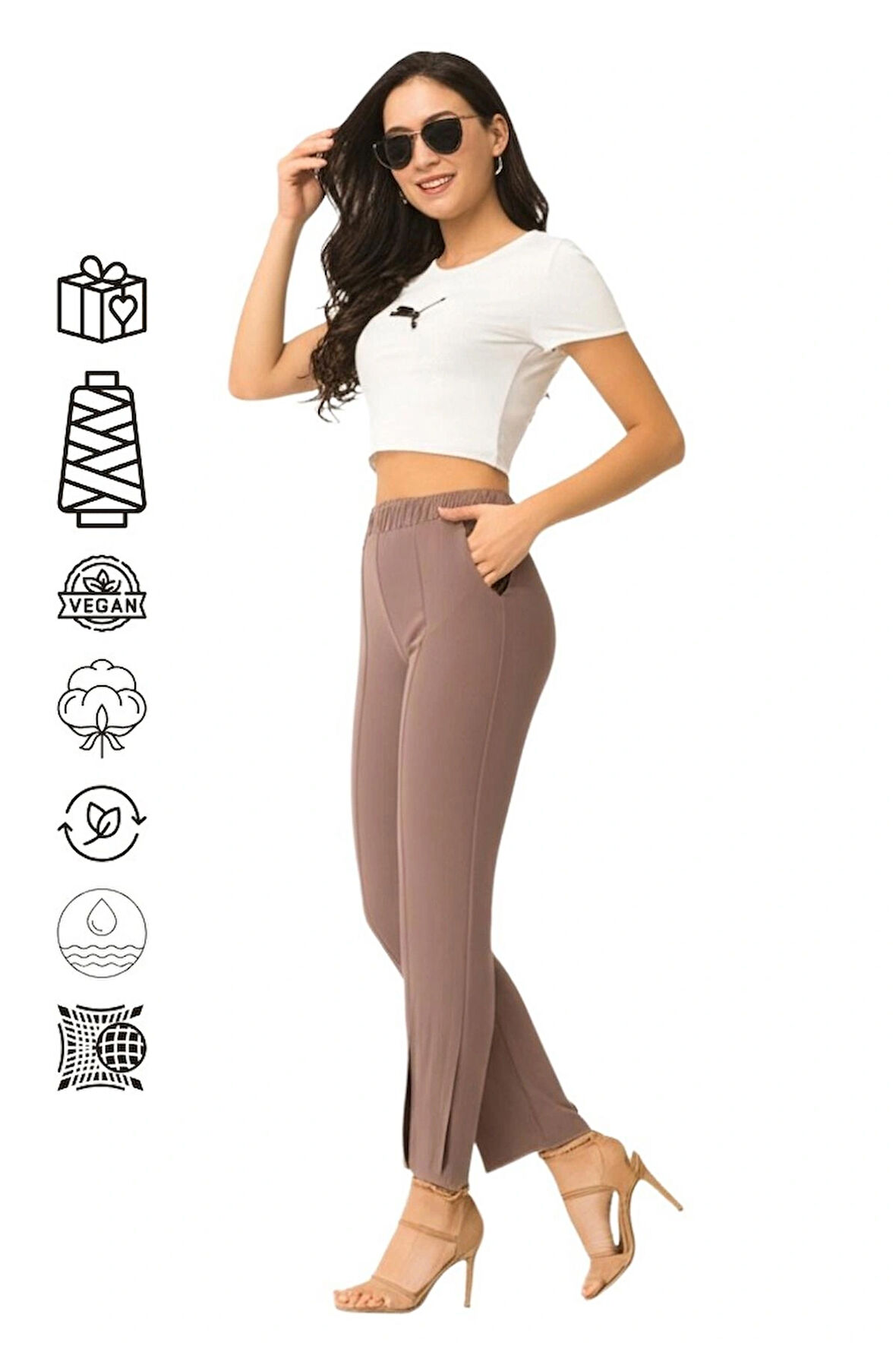 Oppland Kadın Hürrem Kumaş Premium Dokuma Pantolon Düz Renk Cepli Yırtmaçlı Paça Tam Kalıp