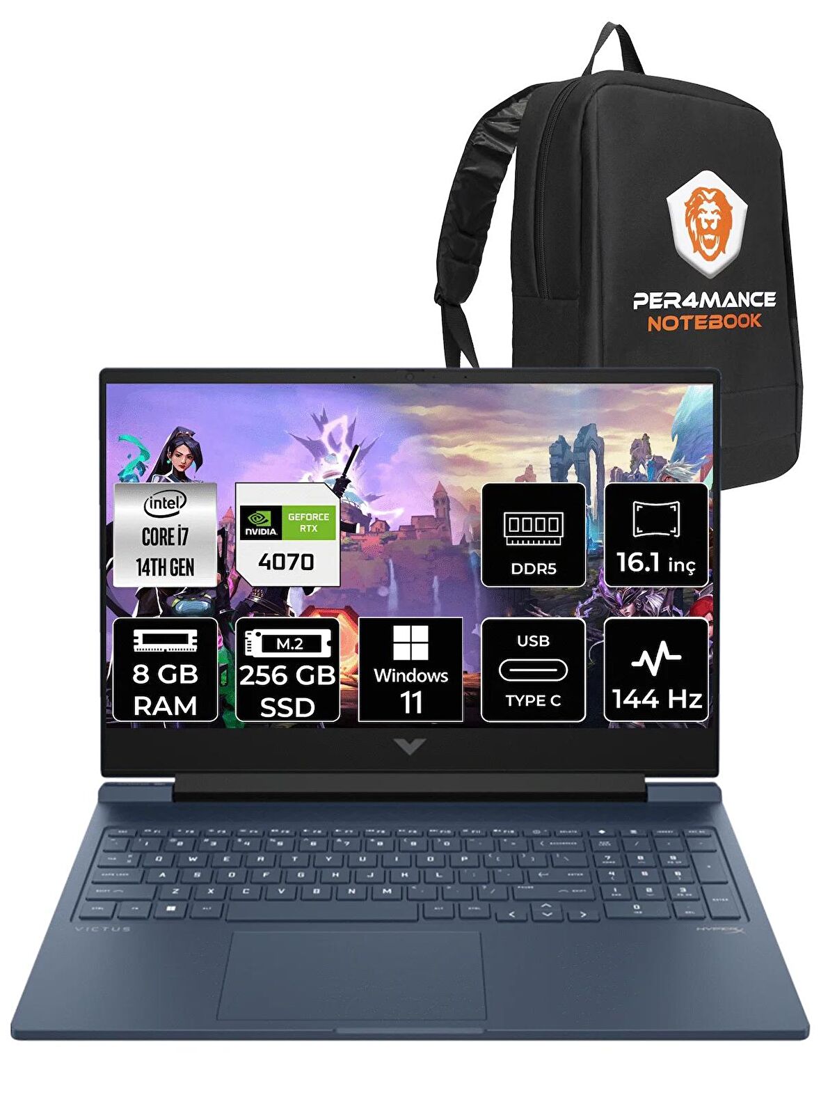 HP VİCTUS 16  i7-14700HX 8GB RAM 256GB SSD RTX4070/8GB 144Hz 16.1 FHD W11PRO 9J221EA & PER4 ÇANTA