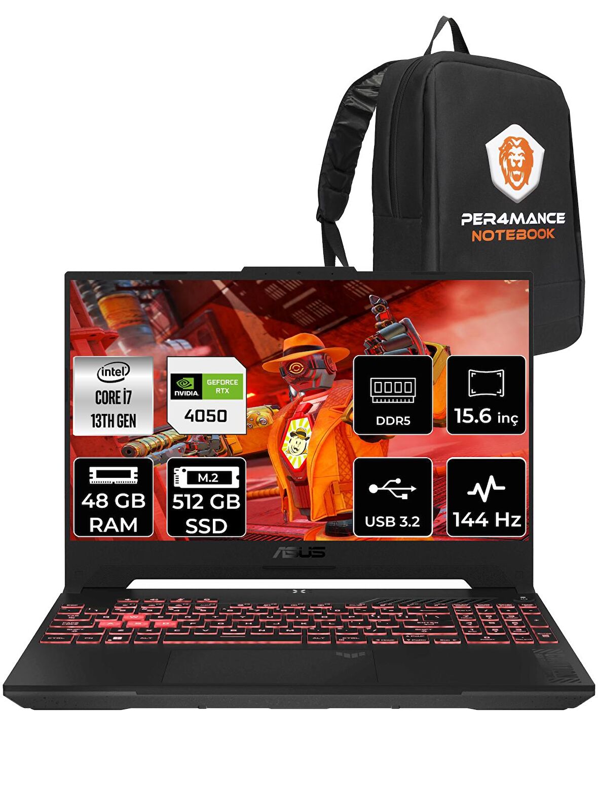 Asus Tuf Gaming F15 i7 13620H 48GB RAM 512GB SSD RTX4050/6GB 144Hz 15.6" FHD FDOS LP259 & PER4 ÇANTA