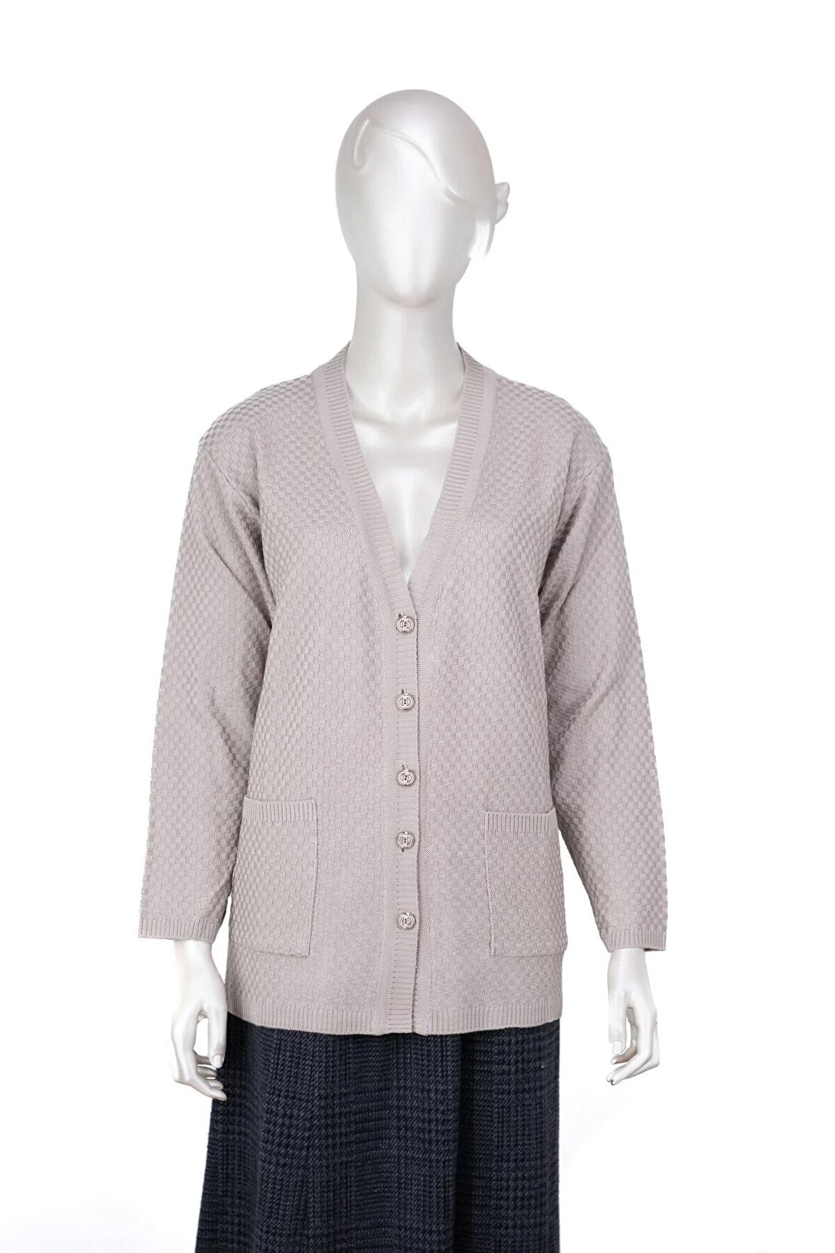 Kadın Mevsimlik Çelik Örme Anne Hırka Çift Cepli Düğmeli Klasik Rahat Kesim Tam Kalıp