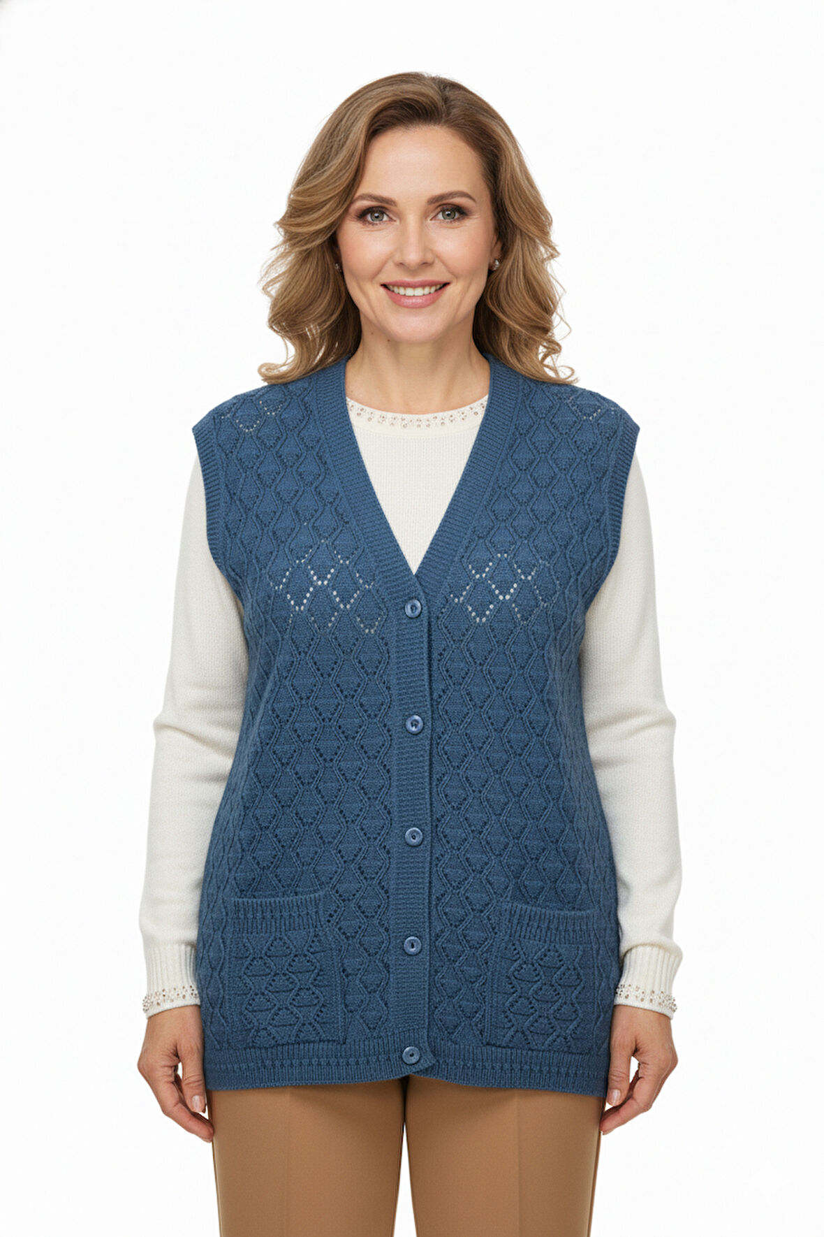 Oppland Kadın Kışlık Anne Yelek Pamuklu Triko Örme Düğmeli Cepli Klasik Esnek Rahat