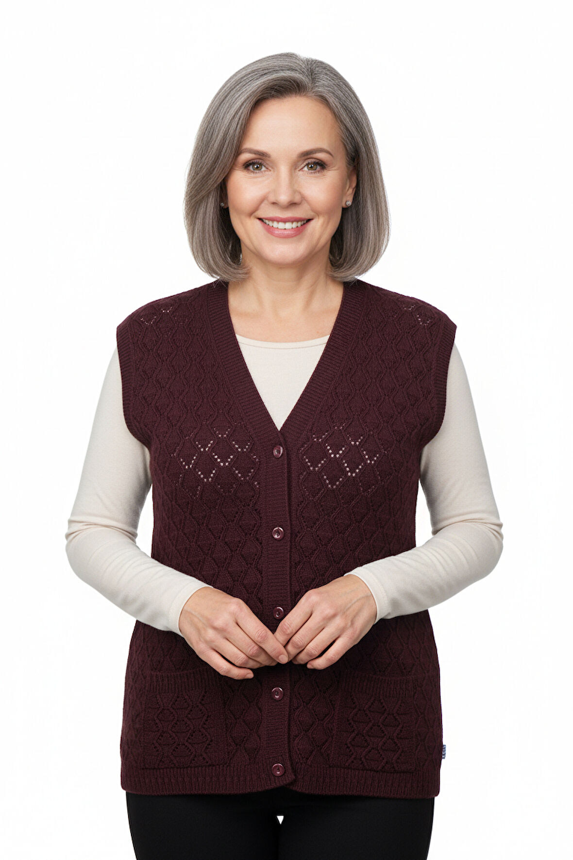 Oppland Kadın Kışlık Anne Yelek Pamuklu Triko Örme Düğmeli Cepli Klasik Esnek Rahat