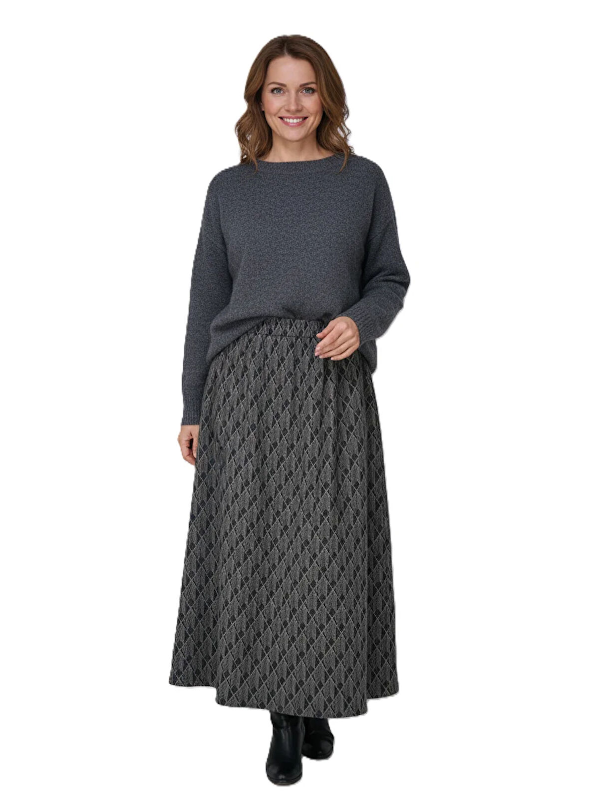 Oppland Kadın Kışlık Parçalı Anne Etek Balıksırtı Desenli Şardonlu Beli Lastikli Pamuklu Dokulu