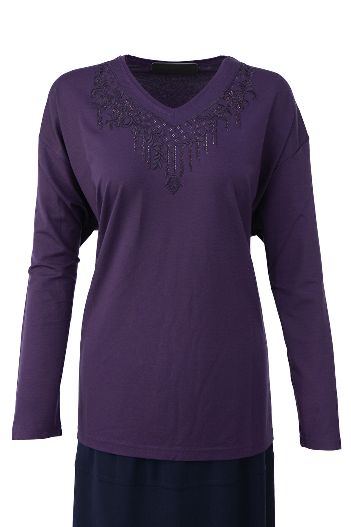 Oppland Kadın Anne Bluz Viskon Penye Kumaş Hafif V Yakalı Kolyem Model Battal Beden Rahat Tam Kalıp