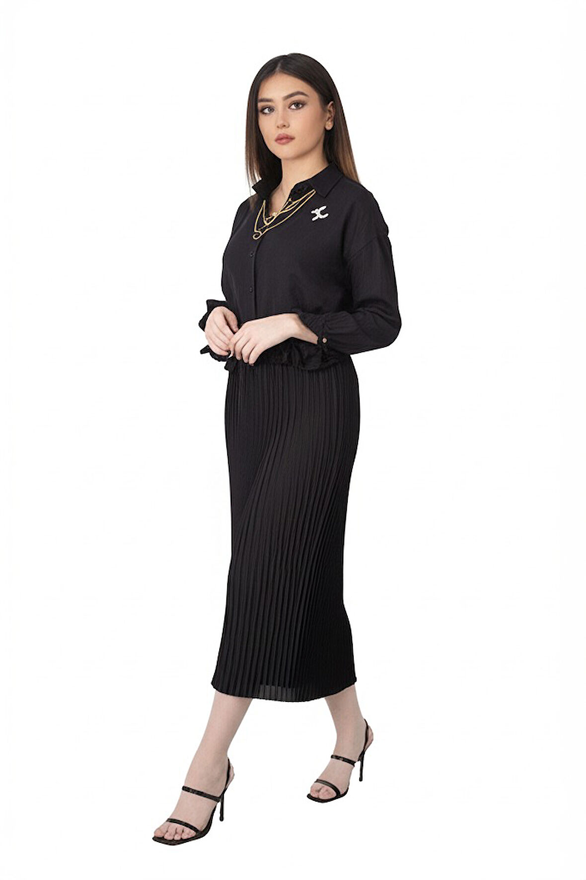 Oppland Kadın Tesettür Takım Pamuklu Keten Kumaş Kolyeli Gömlekli Etekli Oversize OPKTT25SRNMOD44