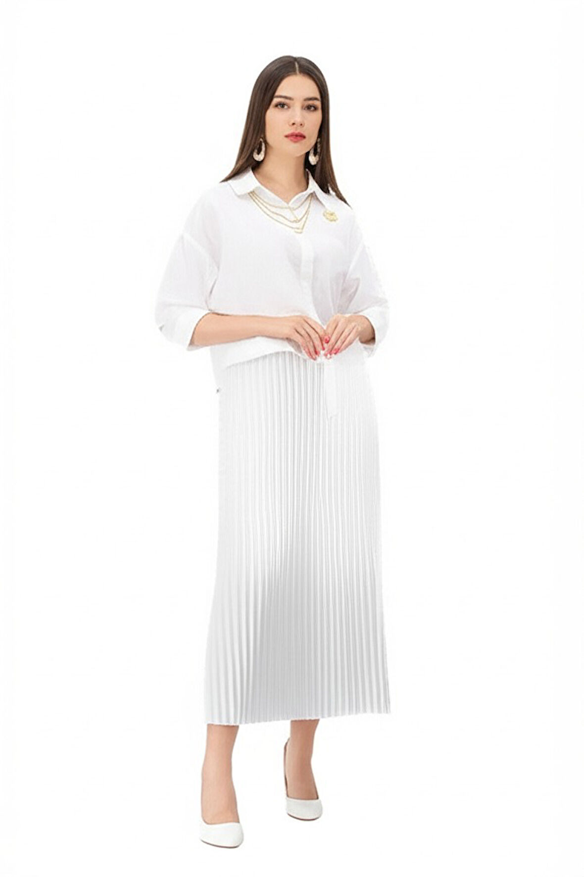 Oppland Kadın Tesettür Takım Pamuklu Keten Kumaş Kolyeli Gömlekli Etekli Oversize OPKTT25SRNMOD44