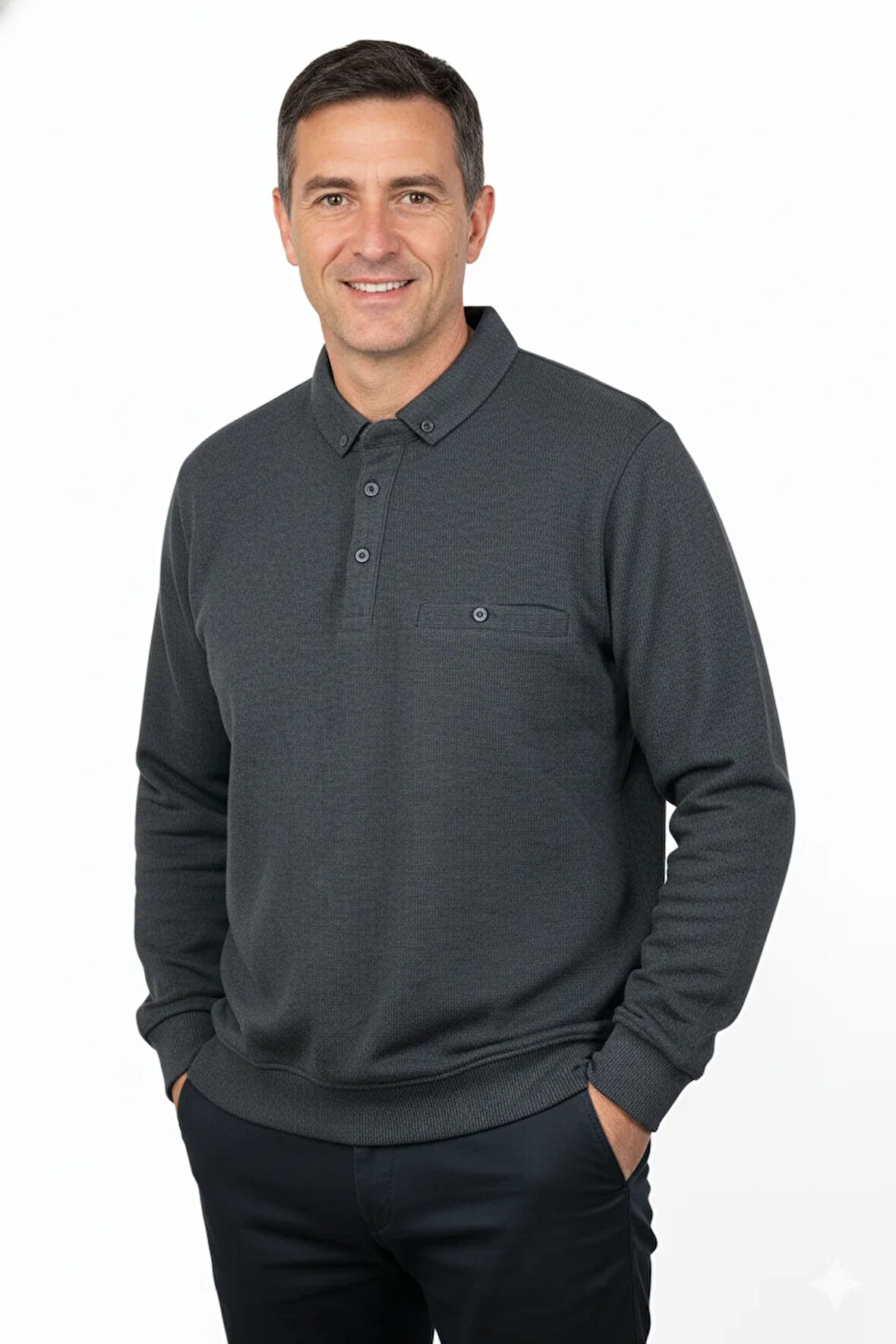 Oppland Erkek Kışlık Kazak Polo Yaka Oxford Fleto Cepli Dokulu Rahat Kesim Tam Kalıp