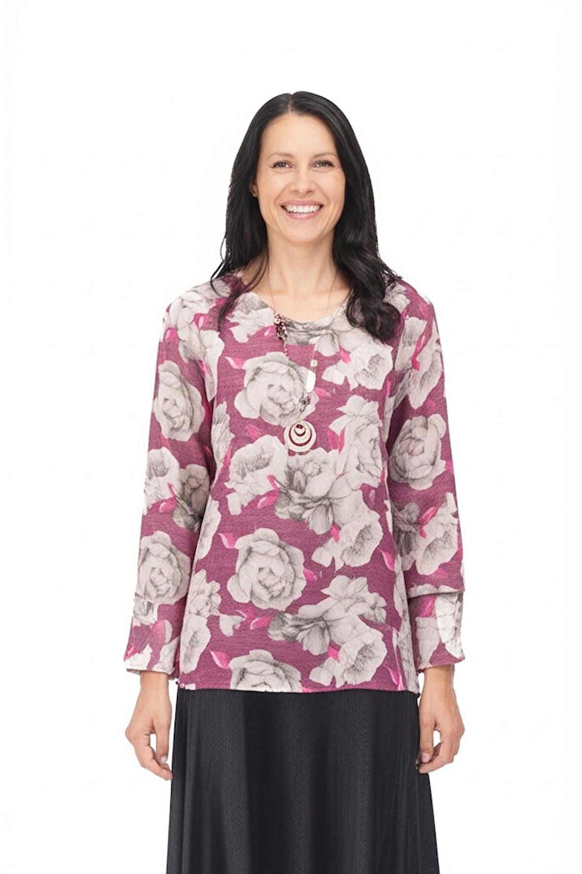 Oppland Kadın Klasik Şifon Anne Bluz Viskoz Kumaş Gül Desenli Kolyeli Uzun Kollu Astarlı Tam Kalıp