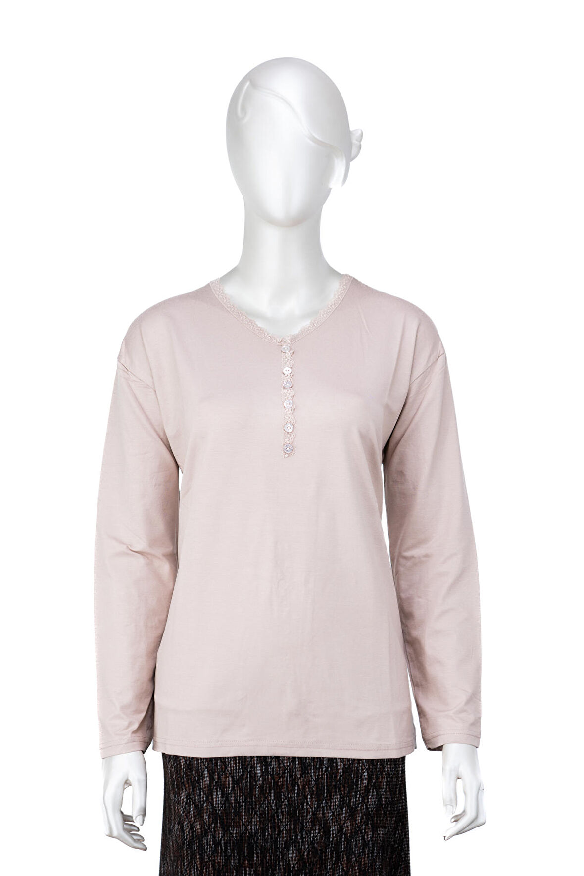 Oppland Kadın Turlu Viskon Penye Kumaş Anne Bluz Şık Fırfırlı V Yaka Normal Kesim Tam Kalıp Likralı