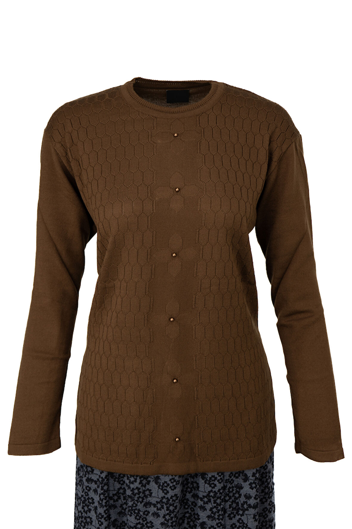 Oppland Kadın Kışlık Pamuklu Triko Dokuma Anne Kazak Boncuklu Bahçem Motifli Armut Yakalı Rahat