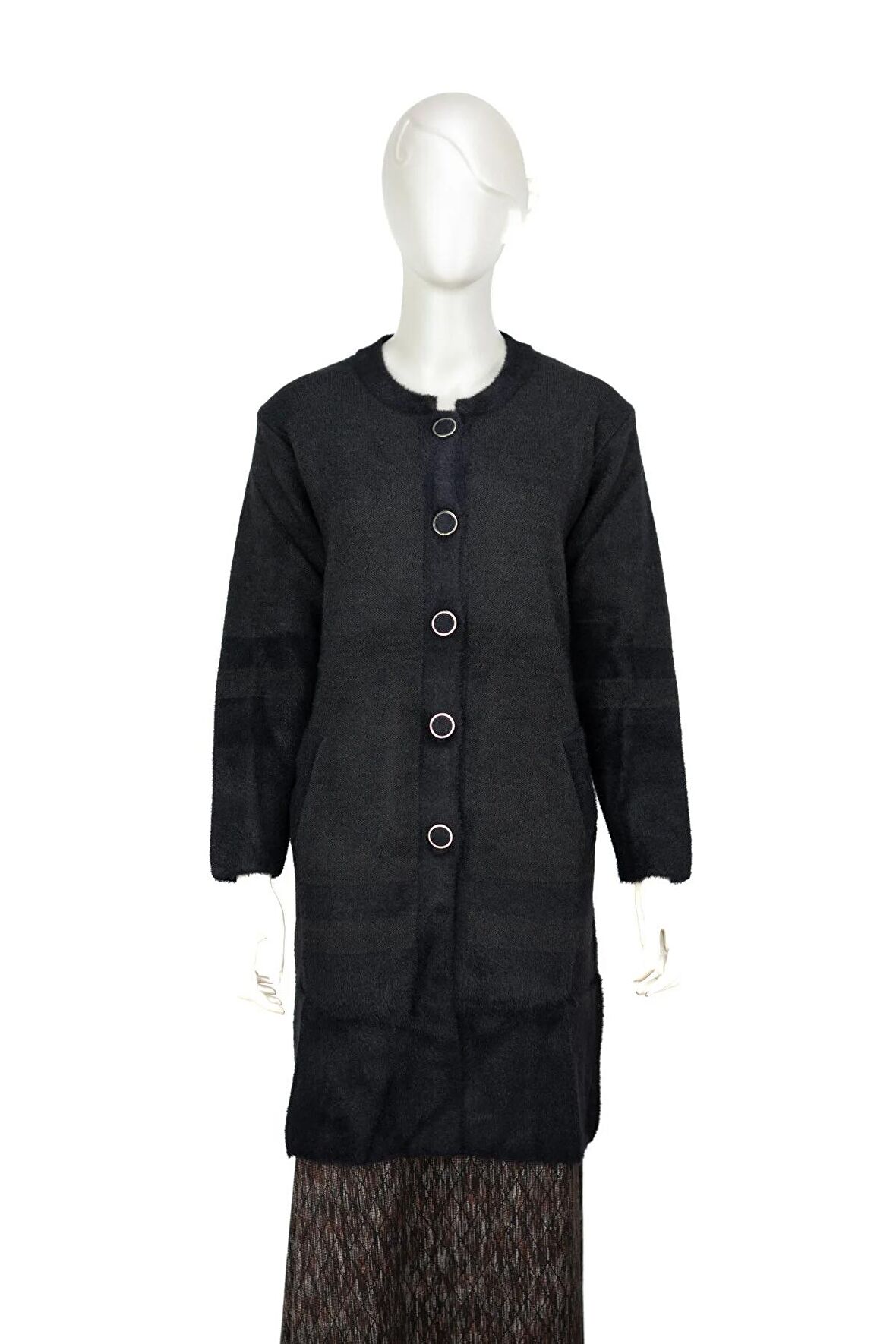 Kadın Kışlık Kalın Angora Yün Örme Anne Uzun Hırka Düğmeli Cepli Tam Kalıp Yuvarlak Yakalı