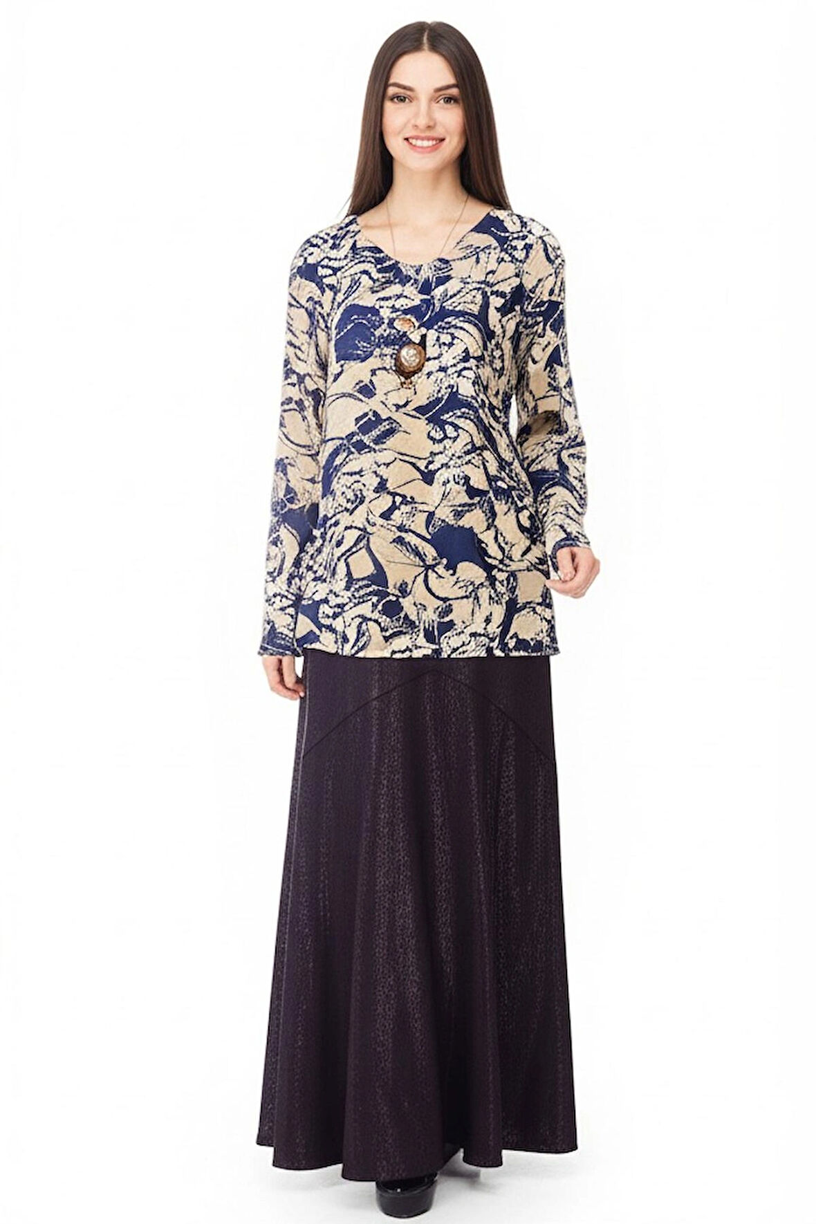 Oppland Kadın Klasik Şifon Anne Bluz Viskoz Kumaş Sanat Desenli Kolyeli Uzun Kollu Astarlı Tam Kalıp