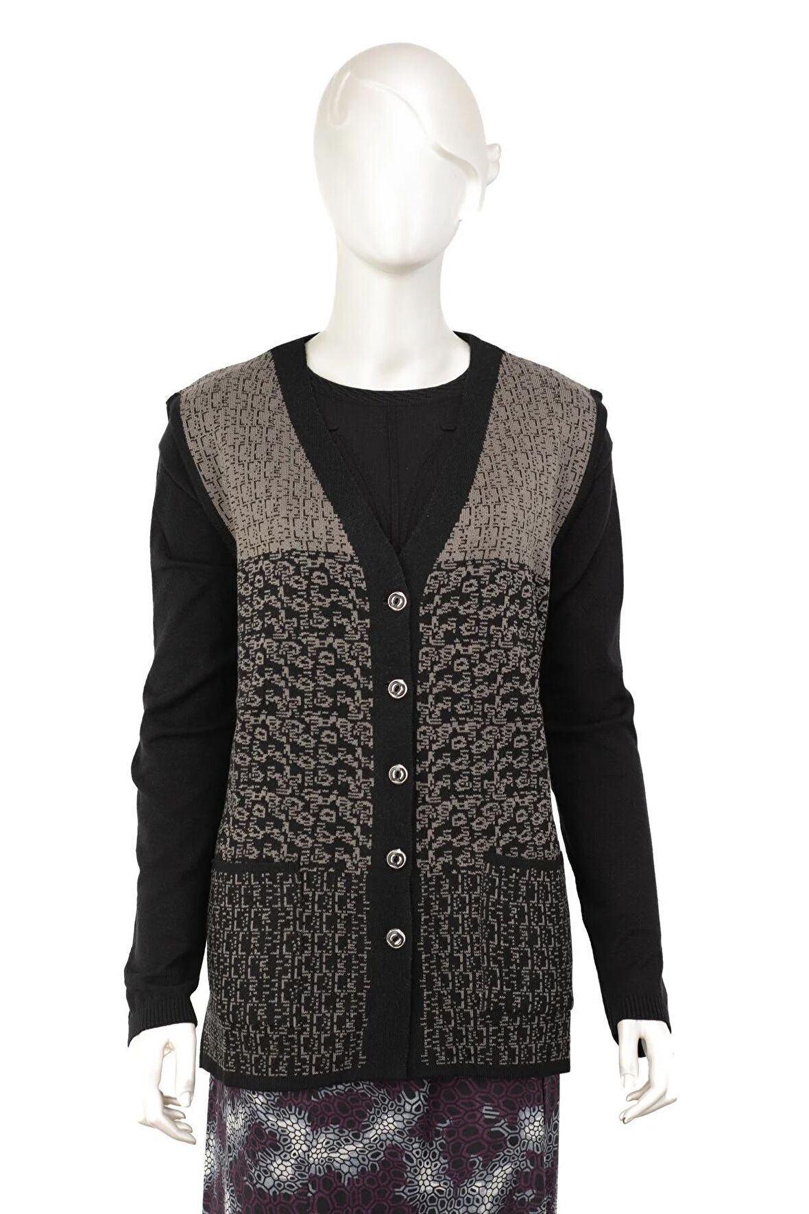 Kadın Triko Kışlık Motifli Düğmeli Çift Cepli Normal Kesim Yünlü Dokuma Kumaş Anne Yelek