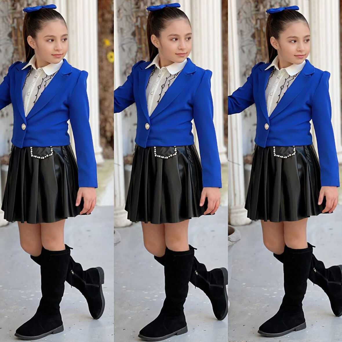 uğurböceğiçocuk Deri Kloş Etekli Dabıl Ceket 4'lü Kız Çocuk Takım