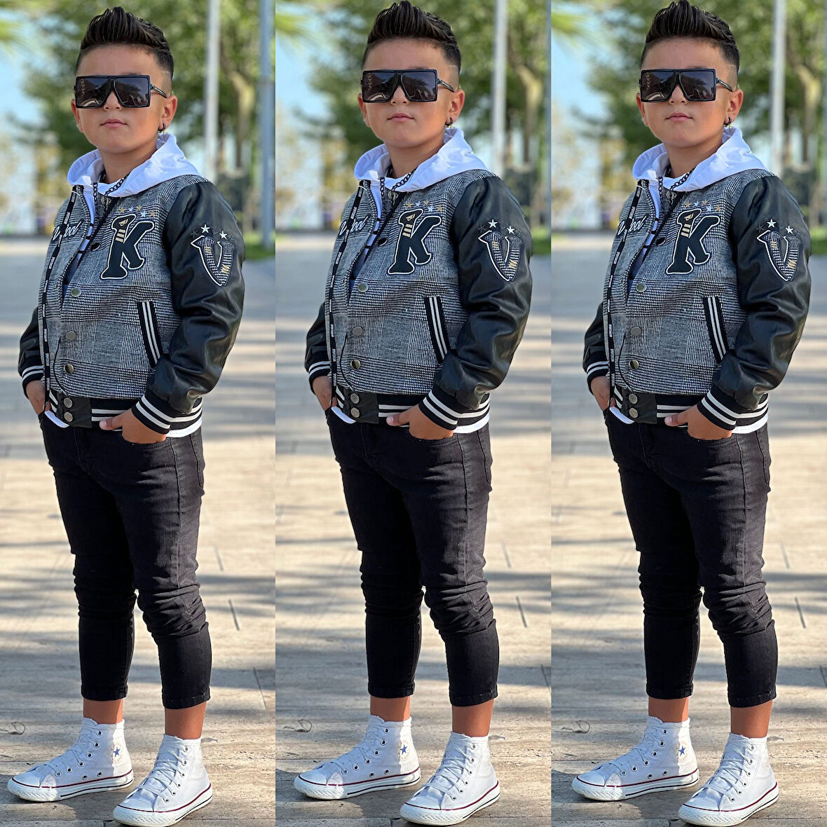 uğurböceğiçocuk Kolları Deri Detay Kolej Ceket Sweat 3'lü Erkek Çocuk Takım