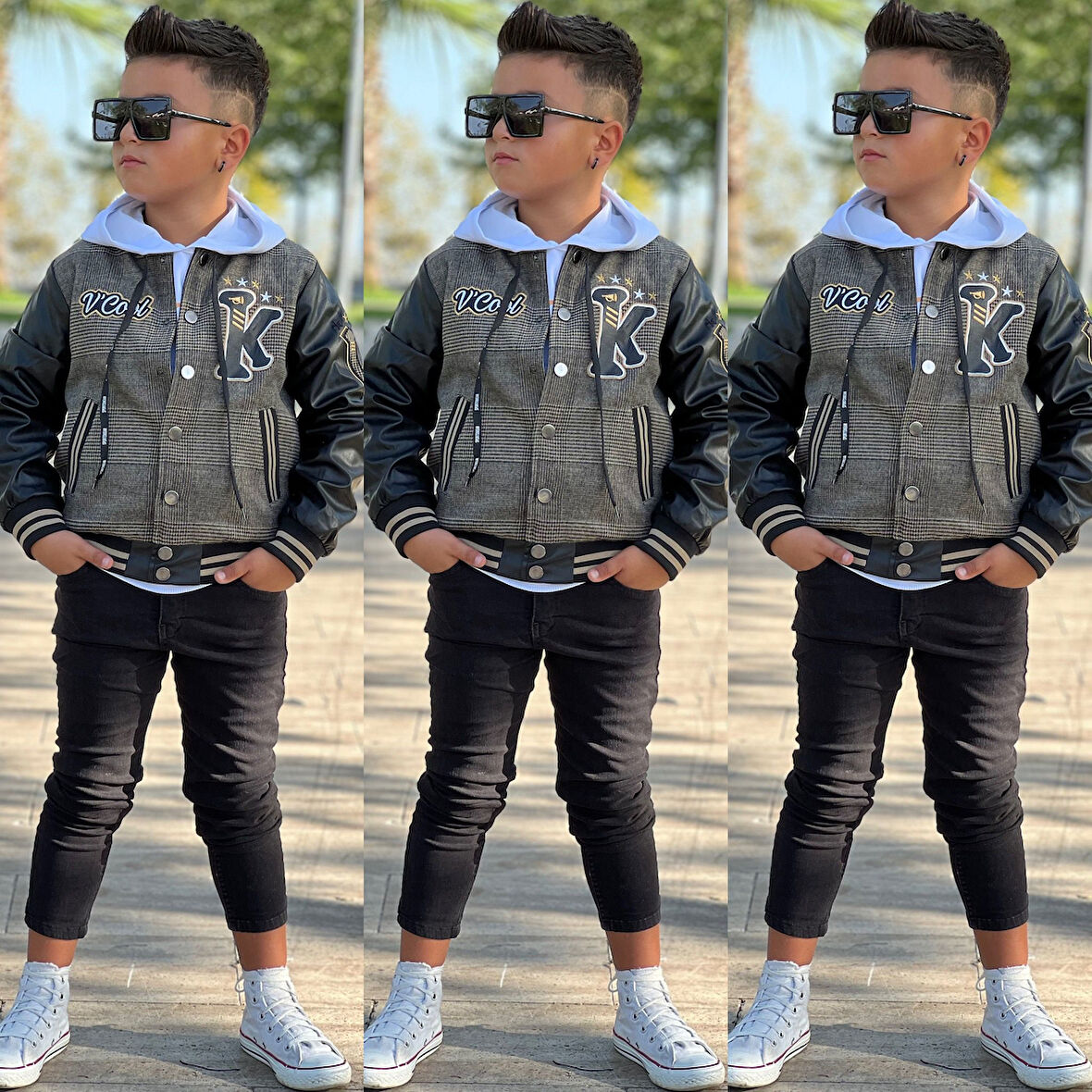 uğurböceğiçocuk Kolları Deri Detay Kolej Ceket Sweat 3'lü Erkek Çocuk Takım