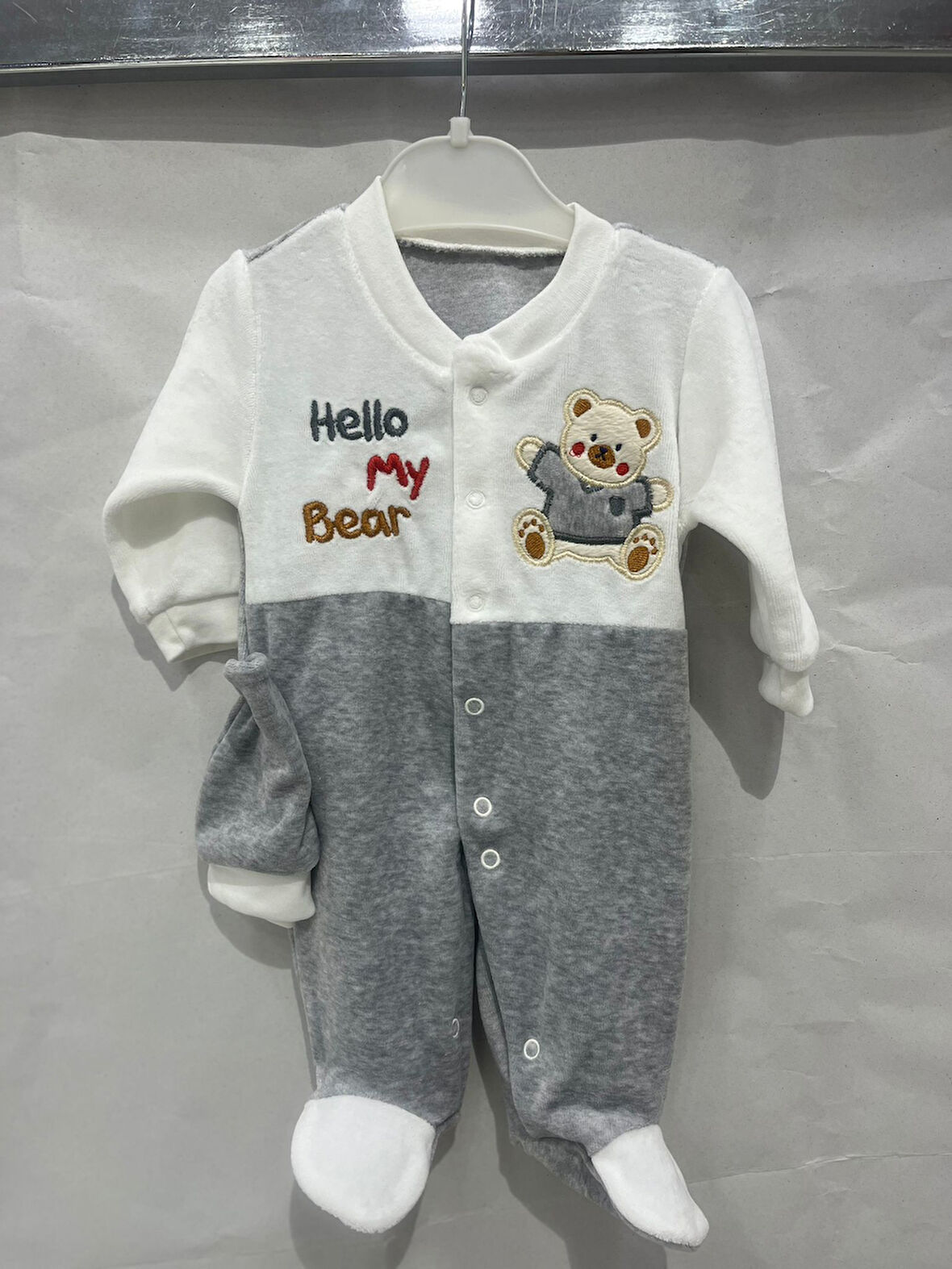 uğurböceğiçocuk Hello My Bear Desenli Kadife Bebek Tulum 1202