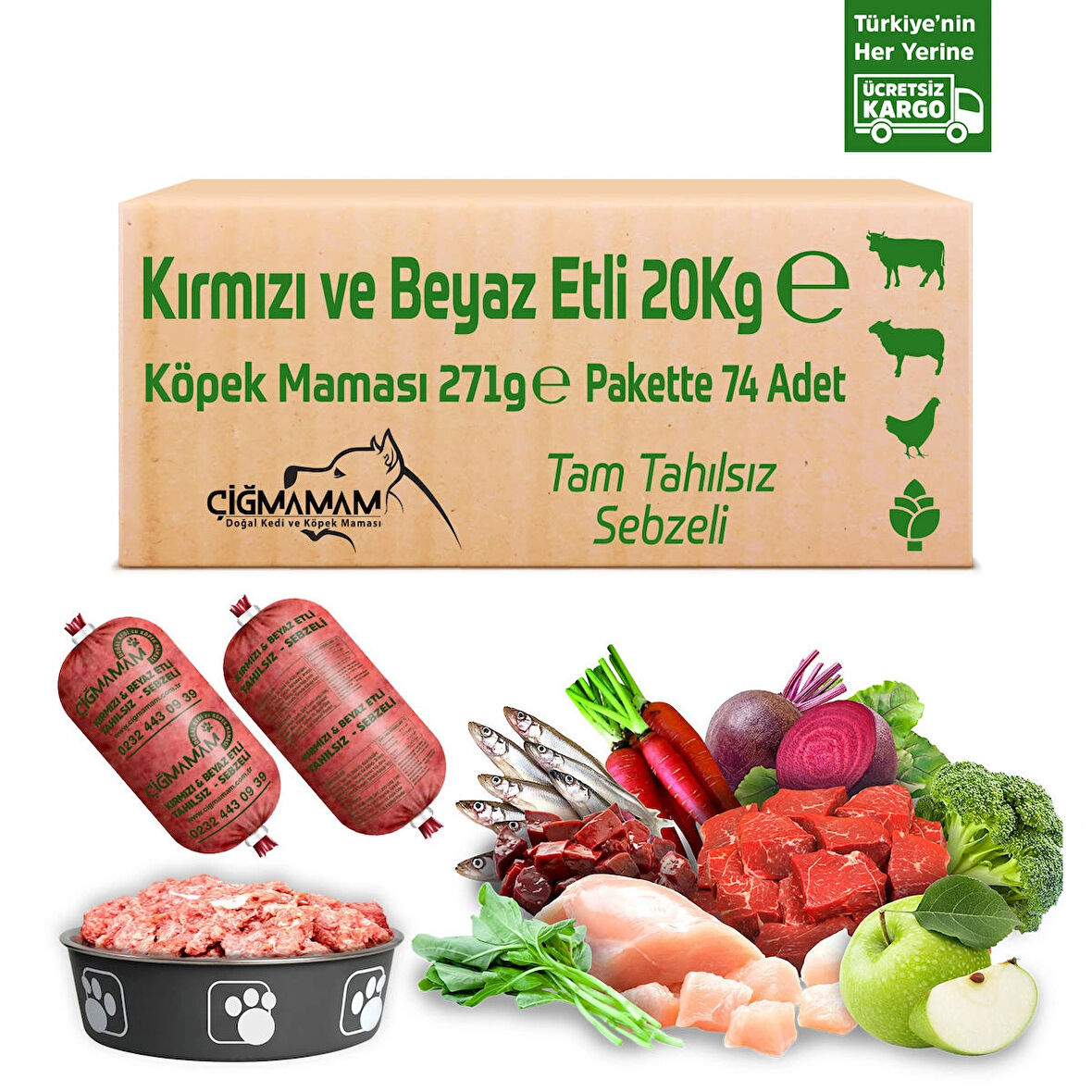 Kırmızı ve Beyaz Etli Tahılsız 20 Kg 271 Gr 74 Adet Çiğmamam Barf Köpek Maması