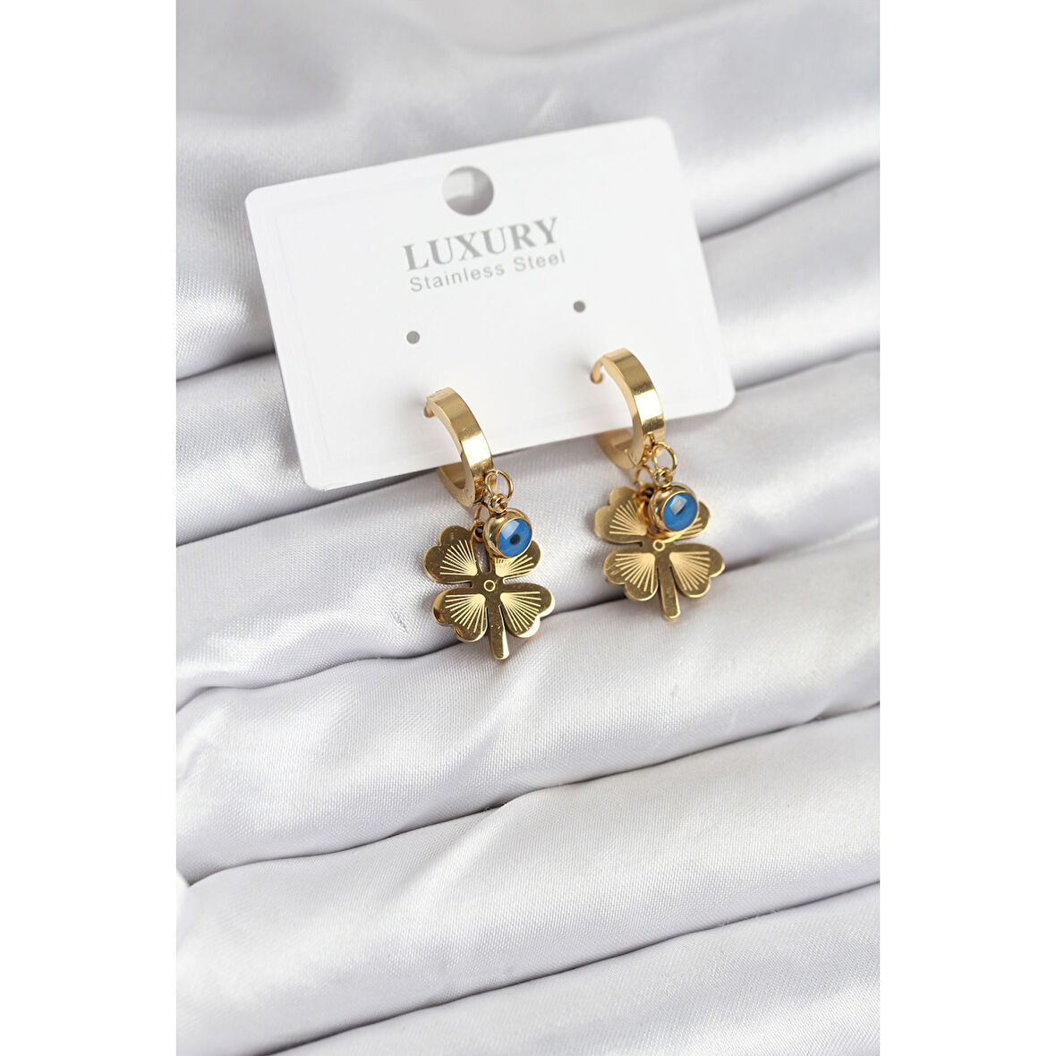 316L Çelik Nazarlı Yonca Model Kadın Küpe